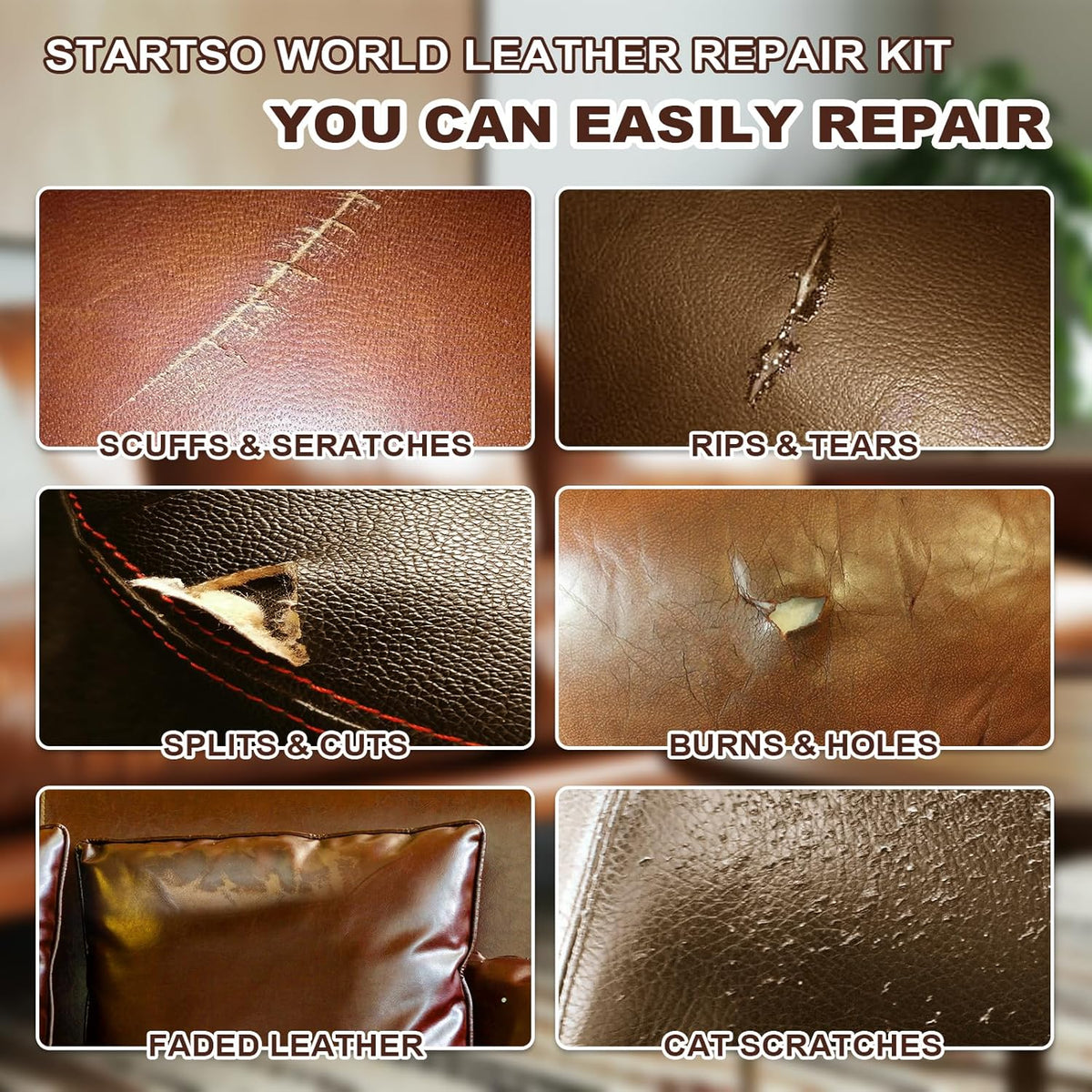 STARTSO WORLD Brown Leather & Vinyl Repair Kit for Furniture, Couches, Car Seats, Sofas, Boat Seats, Jackets with Easy Instructions, Repair Scratches, Tears, and Holes in Pleather, Genuine Leather