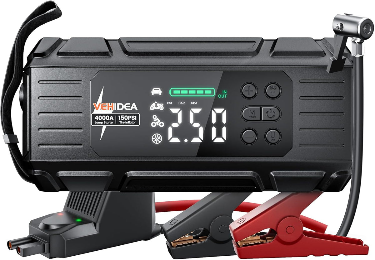 Jump Starter with Air Compressor: 4000A 150PSI Car Battery Charger - 65W Tire Inflator Portable Car Battery Jumper Starter Power Pack - Jump Box Cables (All Gas/10L Diesel) - for Automotive RV Tools