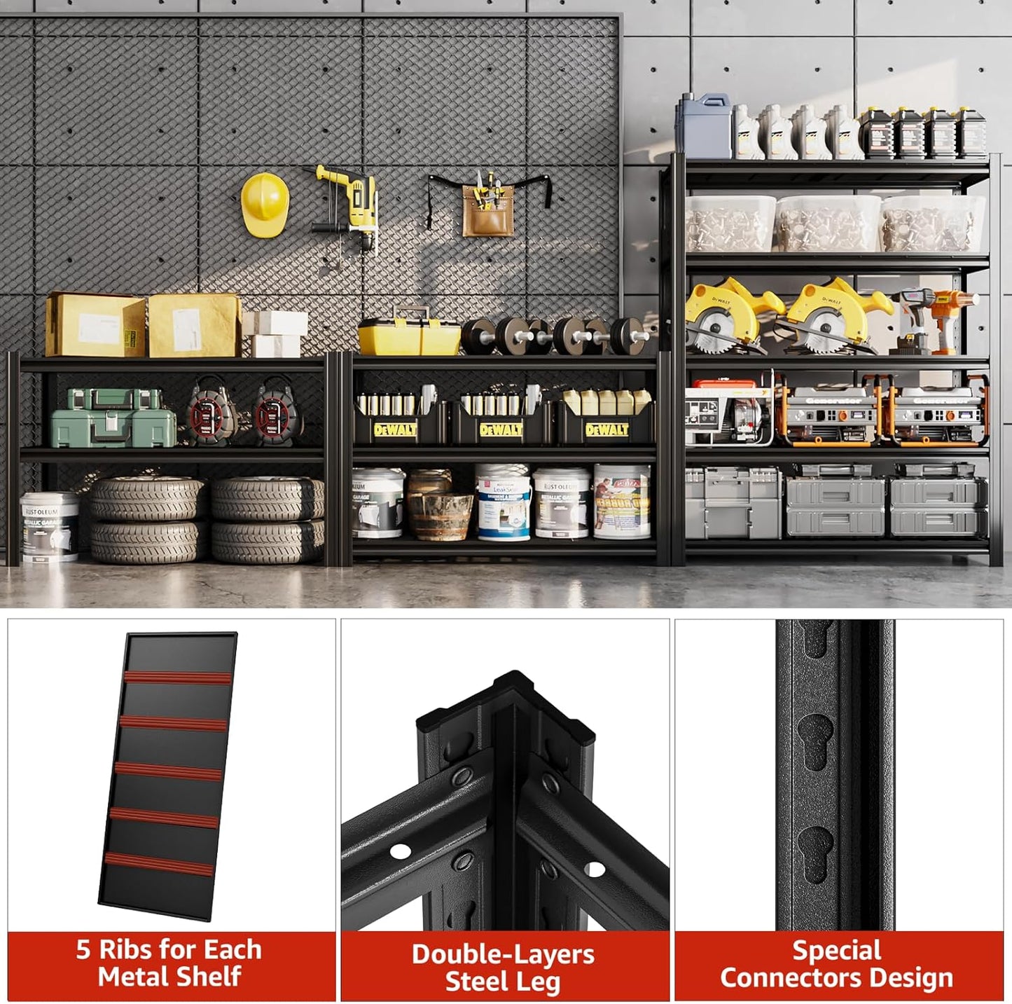 84" H x 47.24" W 5 Tier Metal Garage Shelves, 3000 LBS Adjustable Storage Shelving Unit for Warehouse, Basement, Kitchen, Store Display, Flower Stand, Office, Classroom, 24" D, Black