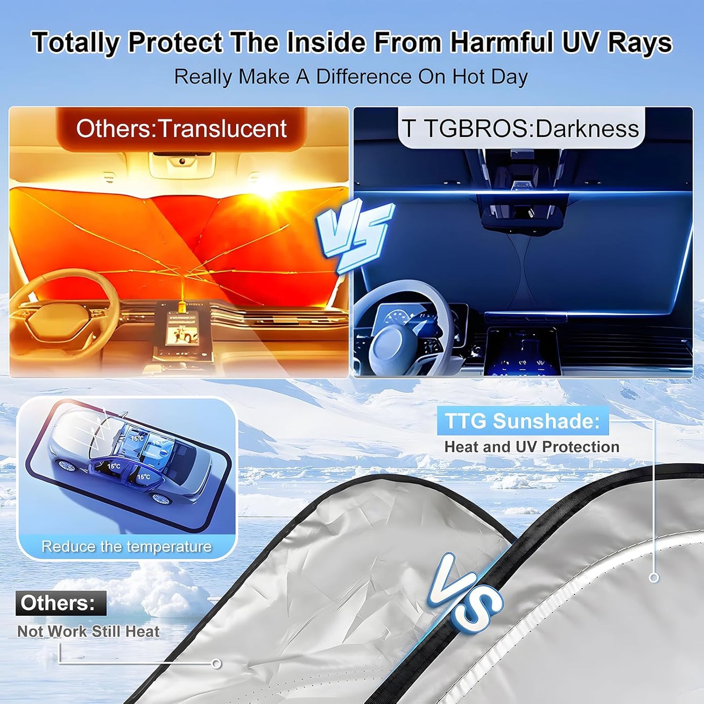 T TGBROS Windshield Sun Shade for Hyundai Santa Fe 2019–2023 Front Window Sunshade Sun Shield Foldable Sun Visor Cover for Santa Fe Accessories Block Heat and Sun Protection