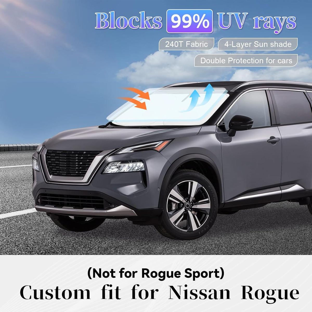 Sun Shade Sunshade Compatible with Nissan Rogue Windshield Cover, 4-Layer Front Window Shade for Rogue 2014-2020 (Not for Rogue Sport) Sun Visor 240T Retractable Shade Blocks UV Rays