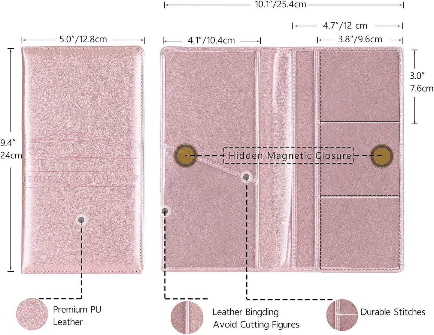 TOURSUIT Car Registration and Insurance Card Holder, Vehicle License Document Glove Box Compartment Organizer, Interior Car Accessories for Women Men Teens (Rose Gold)