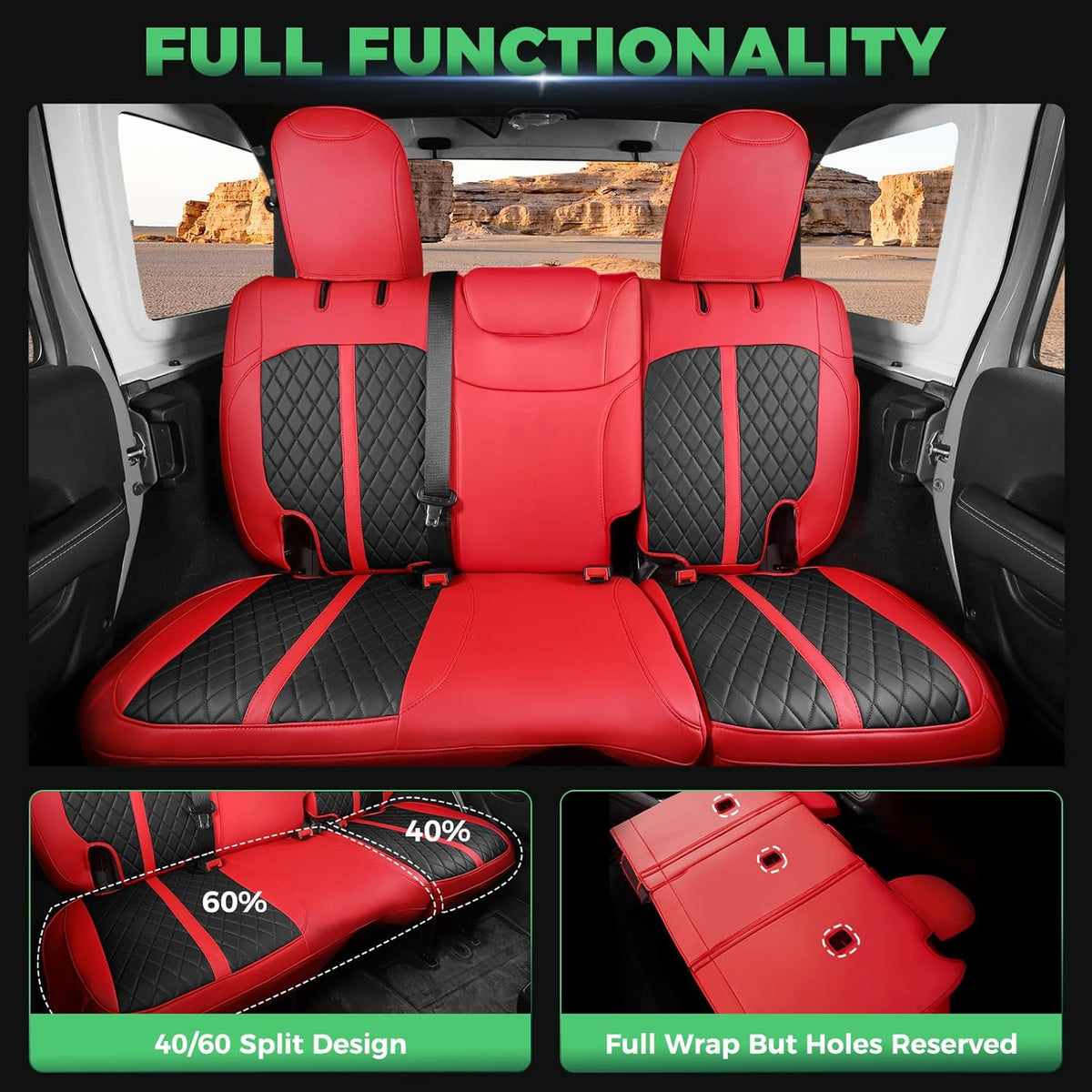 for Jeep Wrangler Seat Covers 4Door JL 2018 2019 2020 2021 2022 2023 2024 2025, Custom Fit Car Seat Cover Full Set, Luxury Waterproof Leather Seat Protectors, Red Black, W/O Rear Cup Holder