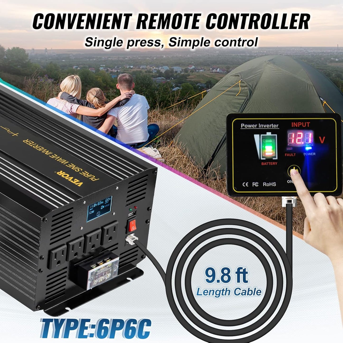VEVOR Pure Sine Wave Inverter 3500 Watt Power Inverter, DC 12V to AC 120V Car Inverter, with USB Port LCD Display Remote Controller and AC Outlets (GFCI), for RV Truck Car Solar System Travel Camping
