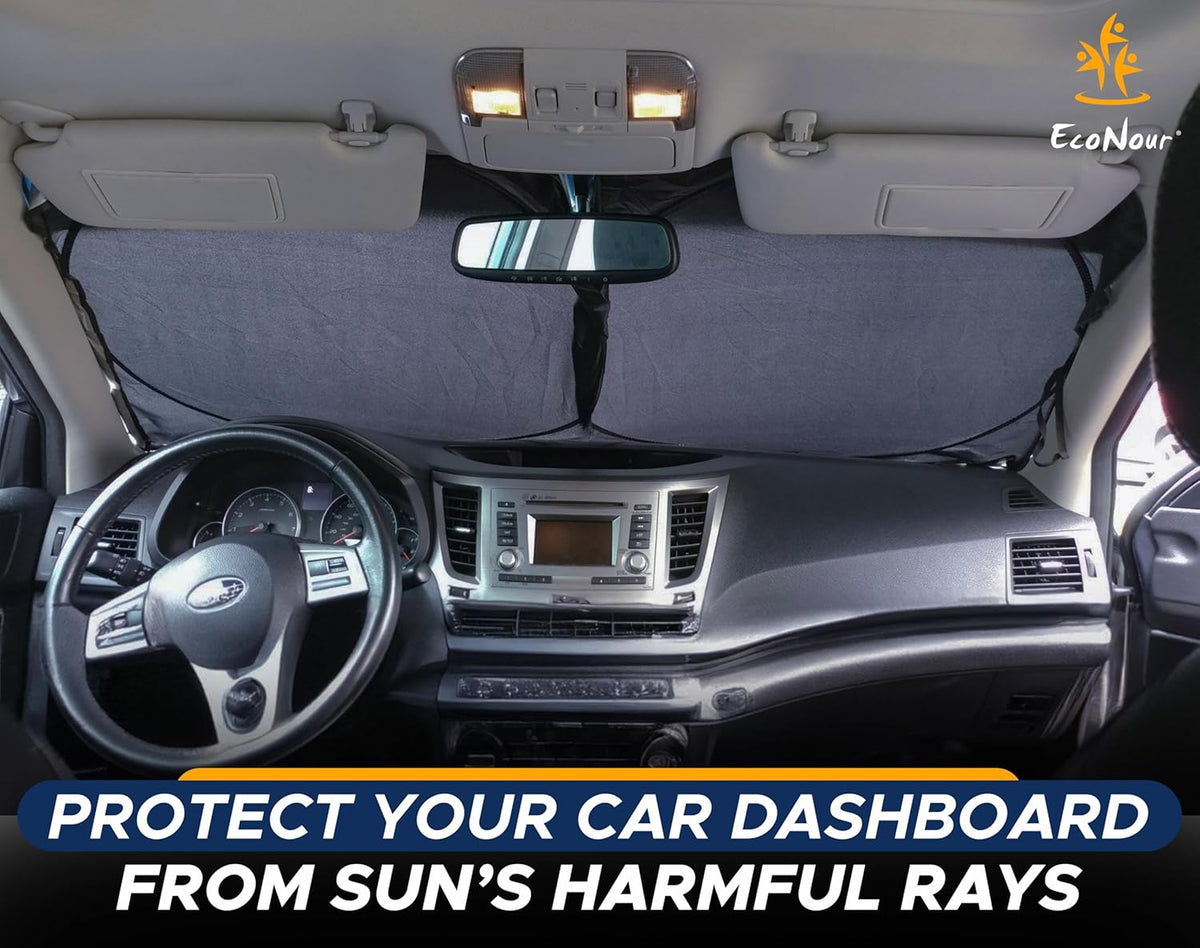 EcoNour Windshield Sun Shade with Mirror Cut | Foldable 240T Polyester Car Sun Shade for Heat, and UV Rays | Windshield Sunshade for Front Window Sun Block and Interior Cooling | Large (64" x 34")