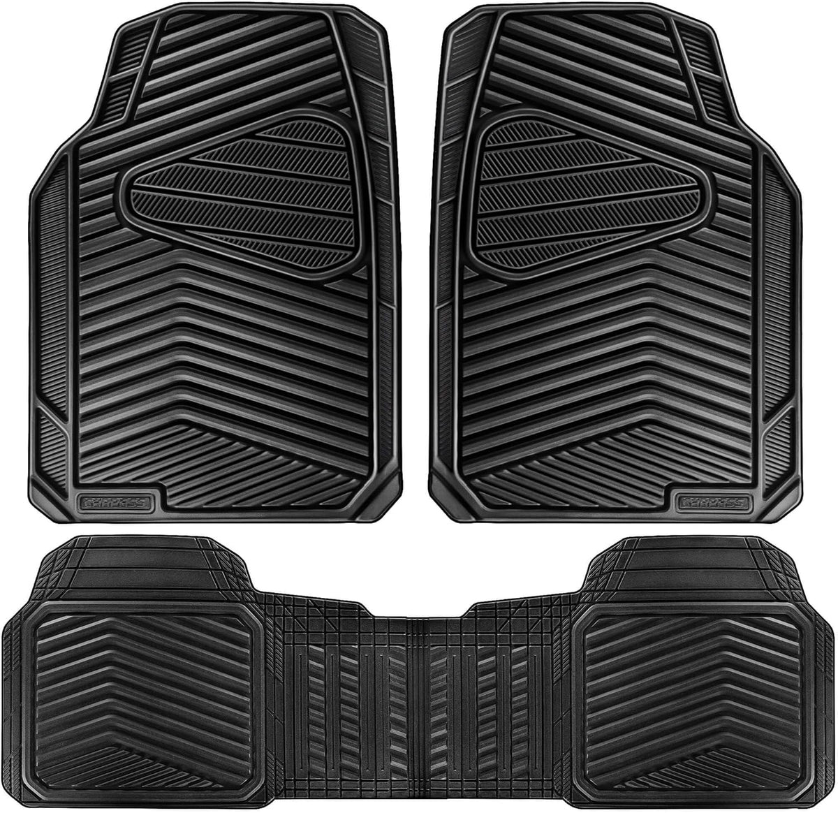 CAR PASS Rubber Car Mats,Car Floor Mats All Weather,Car Mat Full Set 3 Piece,Waterproof Automotive Floor Mat Trim to Fit for Cars Sedans SUVs Small Trucks,Heavy Duty Anti-Slip Easy Clean, All Black