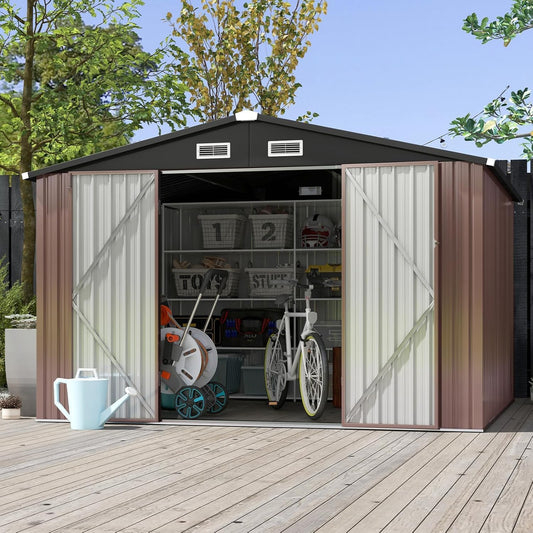 Aoxun 10x8 FT Outdoor Storage Shed with Double Hinged Large Door Utility Garden Shed with Lockable Door & Sloped Roof Metal Sheds Outdoor Storage for Garden, Backyard, Patio and Backyard, Brown