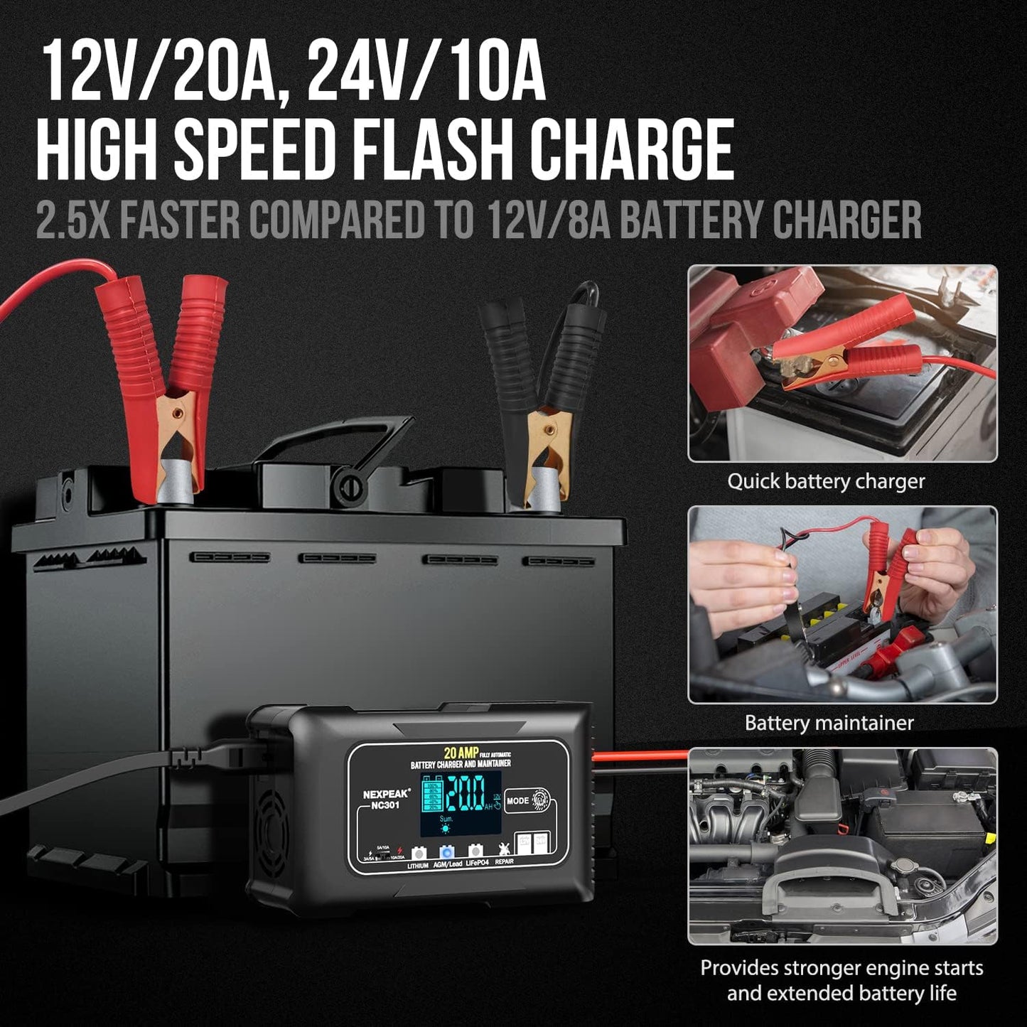 NEXPEAK NC301 20-Amp Car Battery Charger, 12V and 24V Smart Fully Automatic LiFePO4 Battery Charger Maintainer Trickle Charger w/Temp Compensation for Car Truck Boat Lead Acid Lithium Batteries