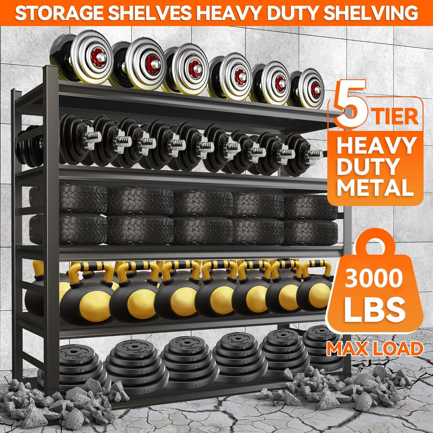 Adjustable 5-Tier Garage Shelving, Heavy Duty Steel Storage Shelves, High Load Capacity Shelf, Ideal for Garage, Warehouse, or Home Organization (with Fences, 36" W*16" D*72" H)