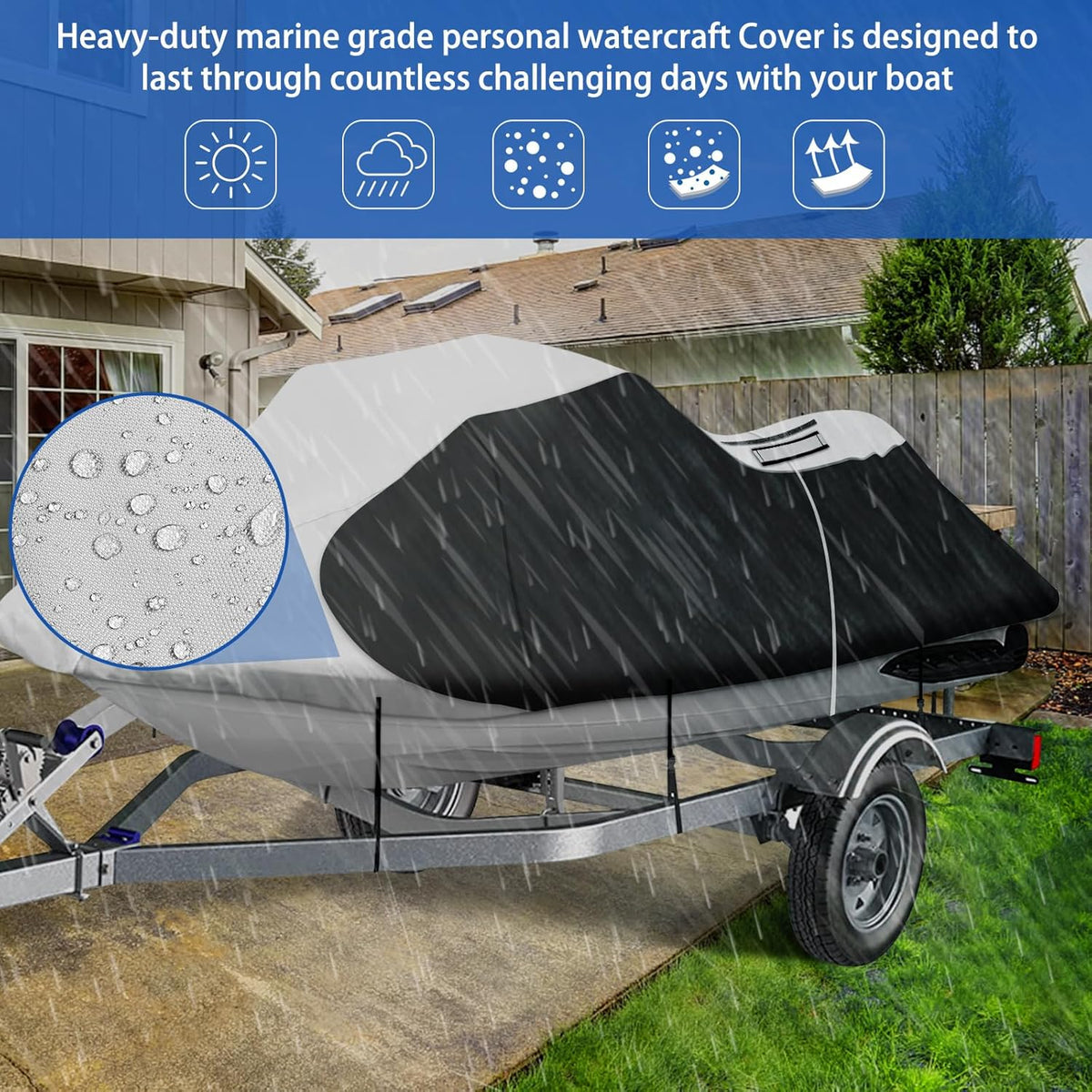 iCOVER Personal Watercraft Cover- Water Proof Heavy Duty Trailerable Jet Ski Covers for Seadoo Kawasaki Yamaha Wave Runner, Fits PWC Models Up to 113in Long