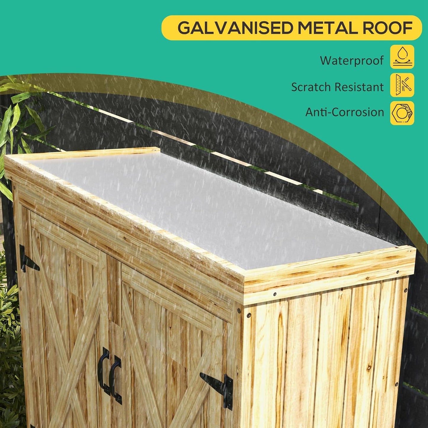 Wooden Garden Shed, Outdoor Storage Cabinet with Waterproof Galvanized Metal Roof, Narrow Tool Shed with 3 Shelves and Lockable Door, Natural