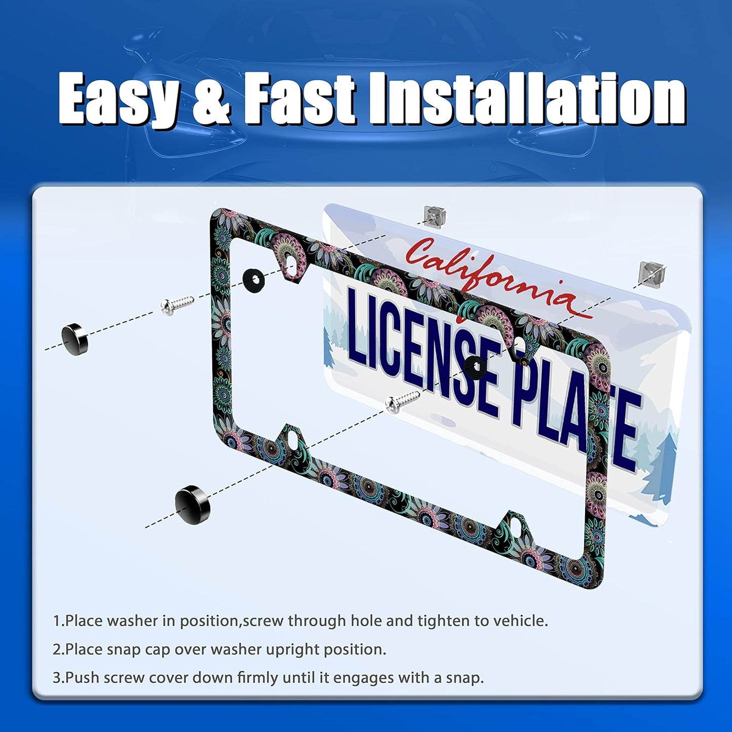 Mandala Flower License Plate Frame License Plate Stainless Steel Parts Funny License Plate Decorative with Screws Size 12.3" x 6.3" for Men Women