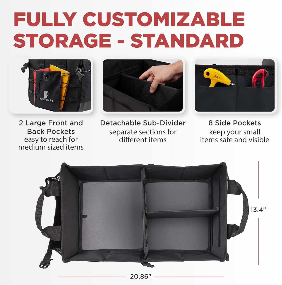 TRUNKCRATEPRO Car Organizers and Storage Premium Adjustable Multi Compartments Car Storage Organizer | Portable and Foldable SUV Trunk Organizer for Car (Standard size, black)