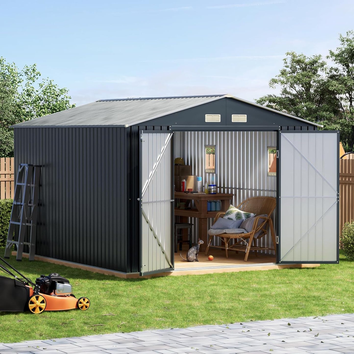 10x10 FT Outdoor Metal Storage Shed with Floor Frame, Double Swing Doors, 2 Clear Windows,Tool Shed for Garden, Patio, Backyard