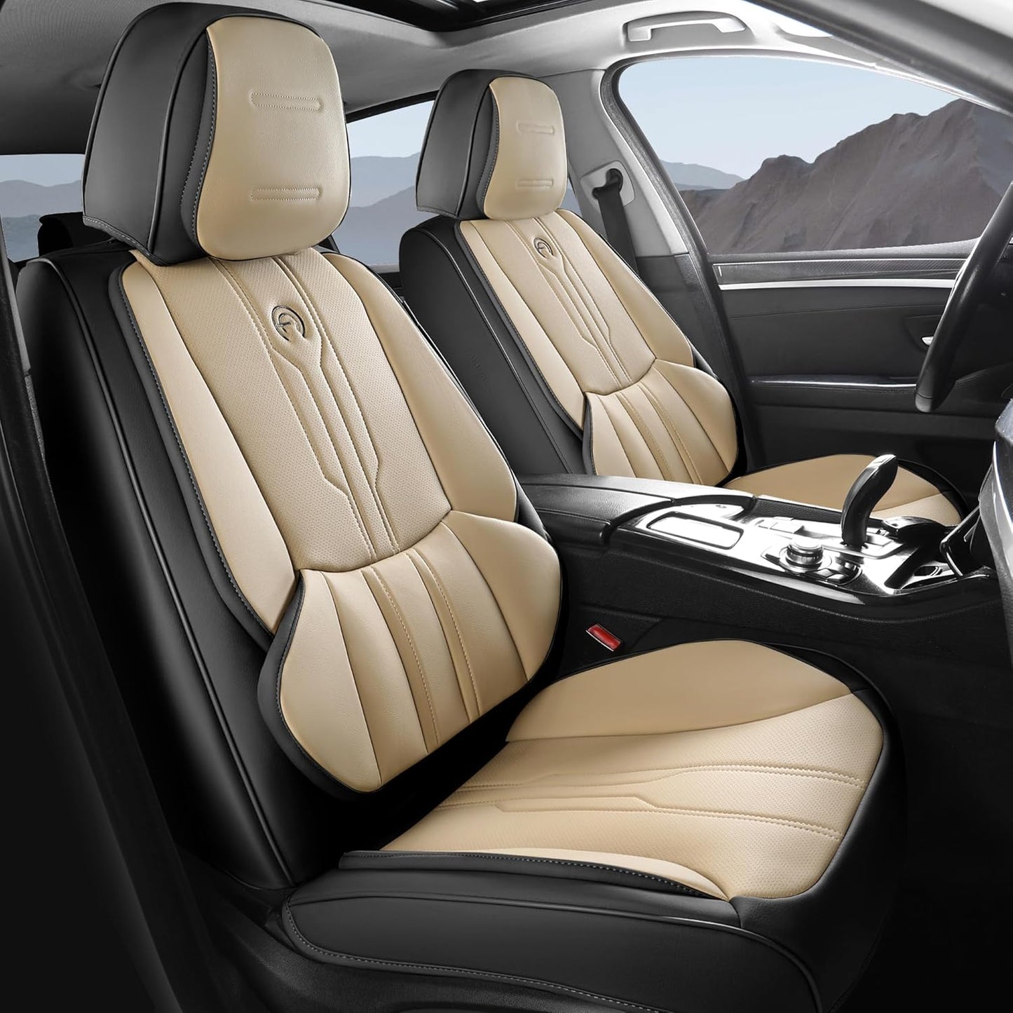 AOOG Car Seat Covers Full Set, Leather Seat Covers for Car, Waterproof Car Seat Protector with Lumbar Support, Automotive Seat Covers Universal Fit for Most Cars SUV Trucks (Full Set, Beige&Black)