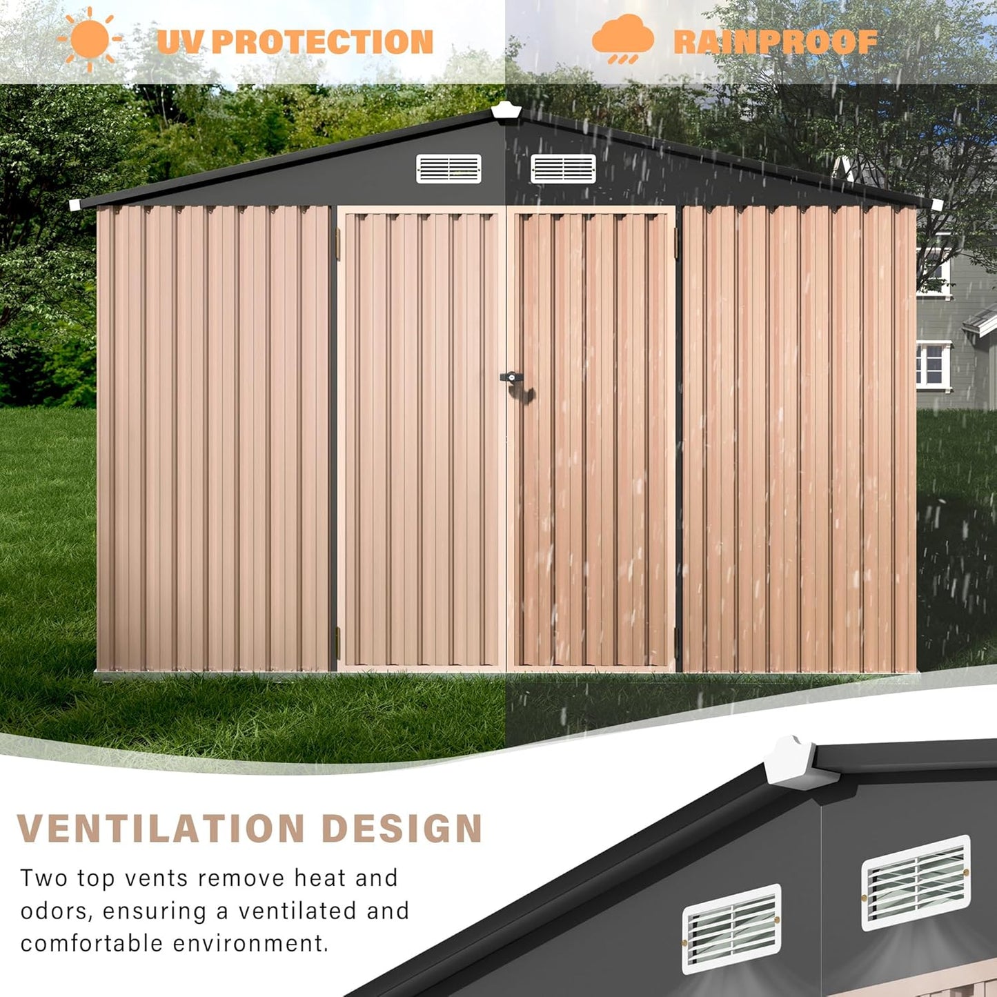 6x8x6.4 FT Outdoor Storage Sheds, Metal Garden Tool Shed for Backyard, Large Metal Sheds Outdoor Storage with Lockable Doors & Air Vents for Backyard Garden Patio Lawn