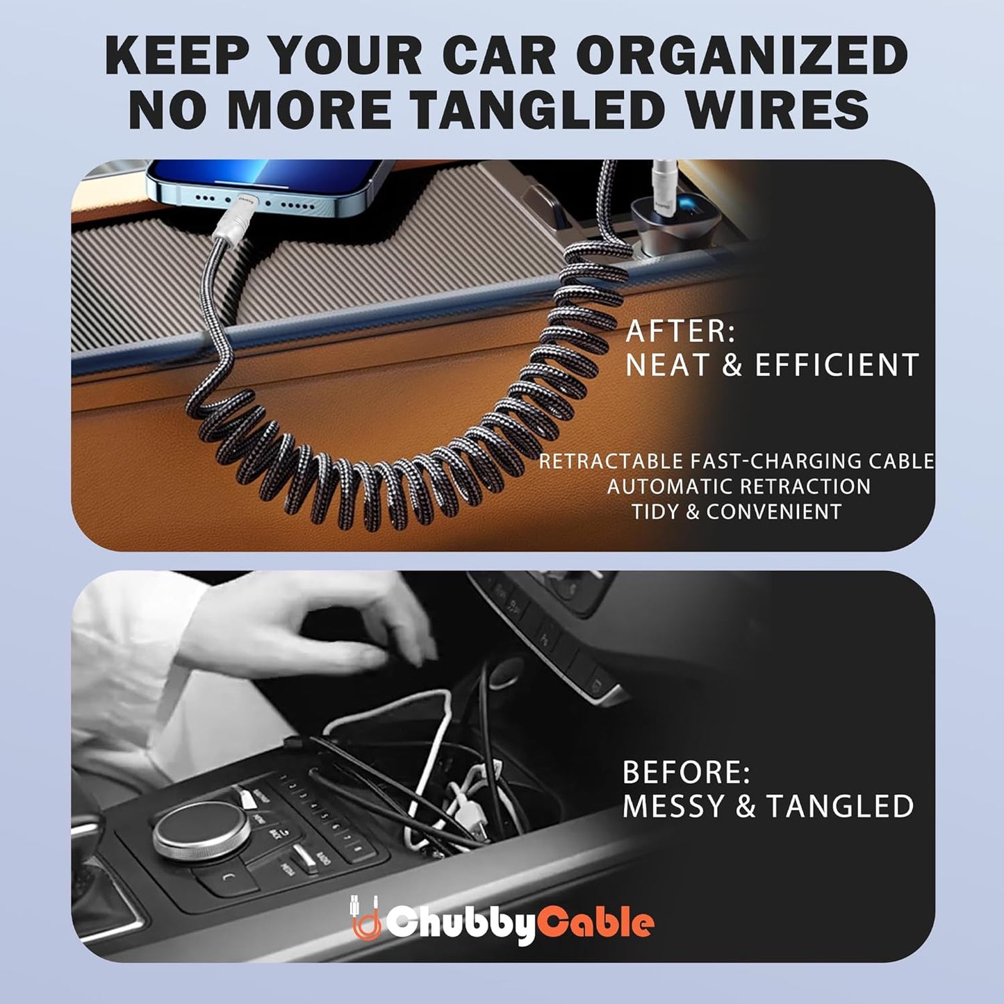 chubbycable Curly Chubby - Retractable Fast Charging Cable 240W Coiled Charger Cord for Car Durable USB-C Cable for Phones, Tablets and More, White, Type-C to Type-C, 1.3FT-2.3FT
