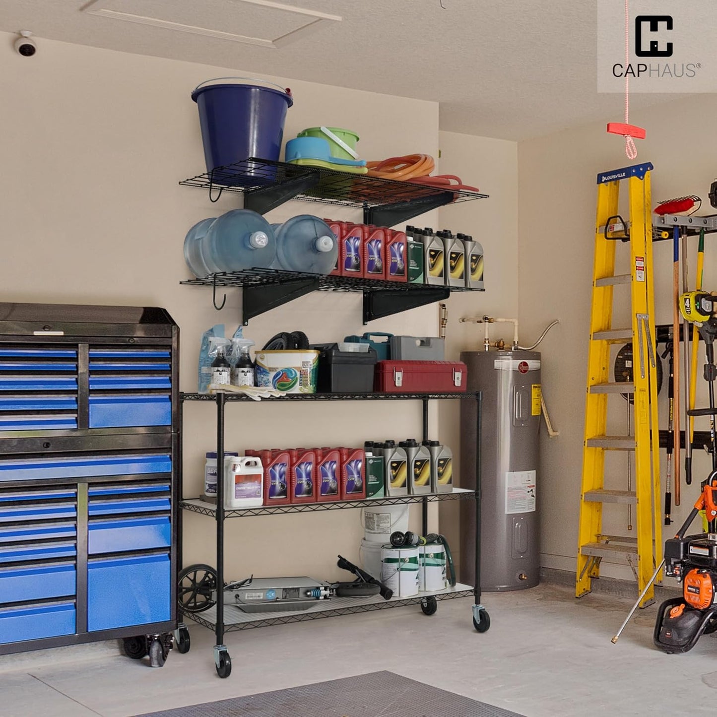 Fencer Wire 72 in. W x 18 in. D Wall Mounted Garage Wall Shelving w/ 4 Hooks, Black Wall Shelf, Heavy Duty Garage Wall Storage System, Garage Organizer Floating Shelves, 1000lb Weight Capacity