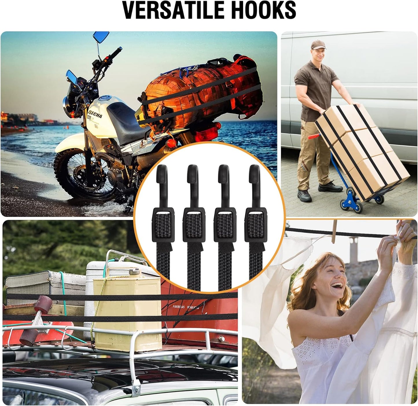 Bungee Cords with Hooks Heavy Duty, Flat Adjustable Bungee Cords with Hooks 32 Inch, Rubber Black Bungee Straps with Buckle Hooks for Outdoor, Camping, Tarps, Bike Rack, Tent, Truck, 4 Pack