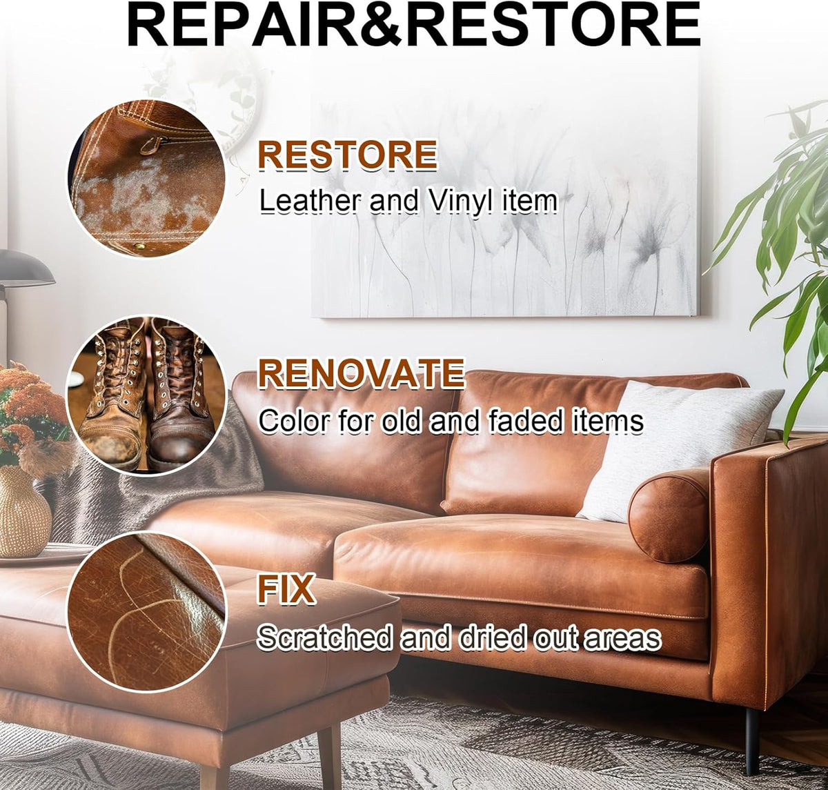 Leather Recoloring Balm Set,Leather Cleaner Restore Conditioner Mink Oil for Leather Repair Kit for Furniture Couches -Revives Repairs Scratches Leather Dye Furniture Polish (Tan)