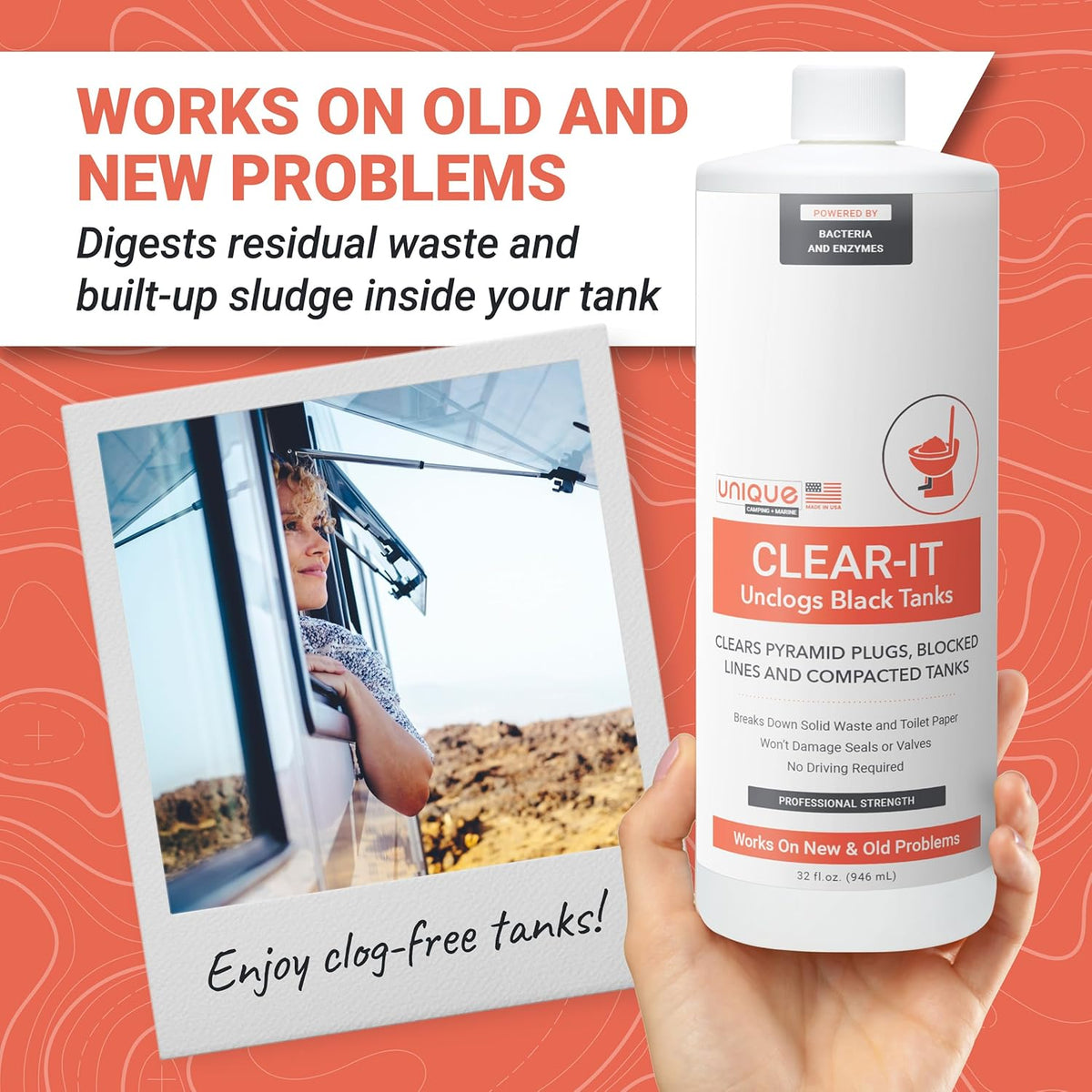 Unique Clear-It RV Black Tank Unclogger Liquid - Breaks Through Pyramid Plugs, Compacted Tanks, and Clogged Pipes 32 oz (2-Pack)