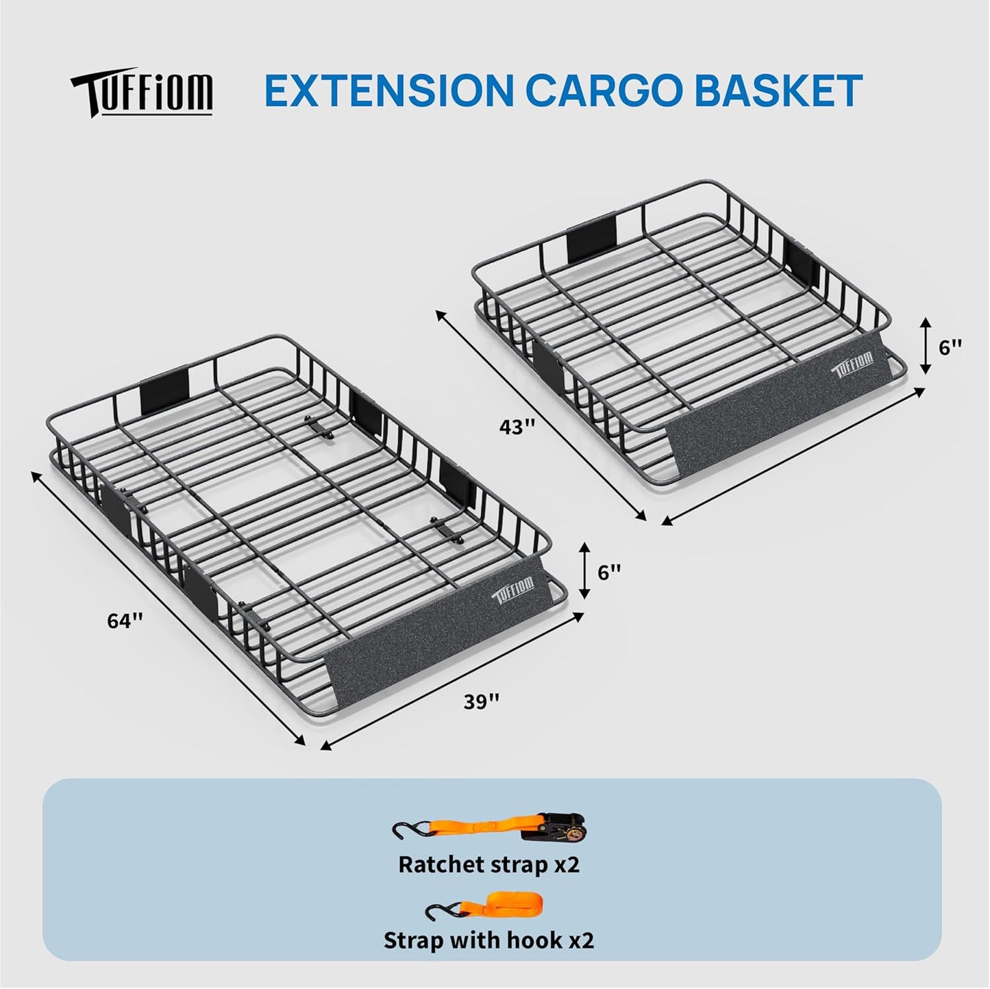 TUFFIOM 64"x 39"x 6" Universal Rooftop Cargo Carrier Basket, Extendable Steel Roof Rack Basket w/Straps with Hook, Heavy Duty Car Top Rack Luggage Holder Carrier Basket for SUV Car Truck Van