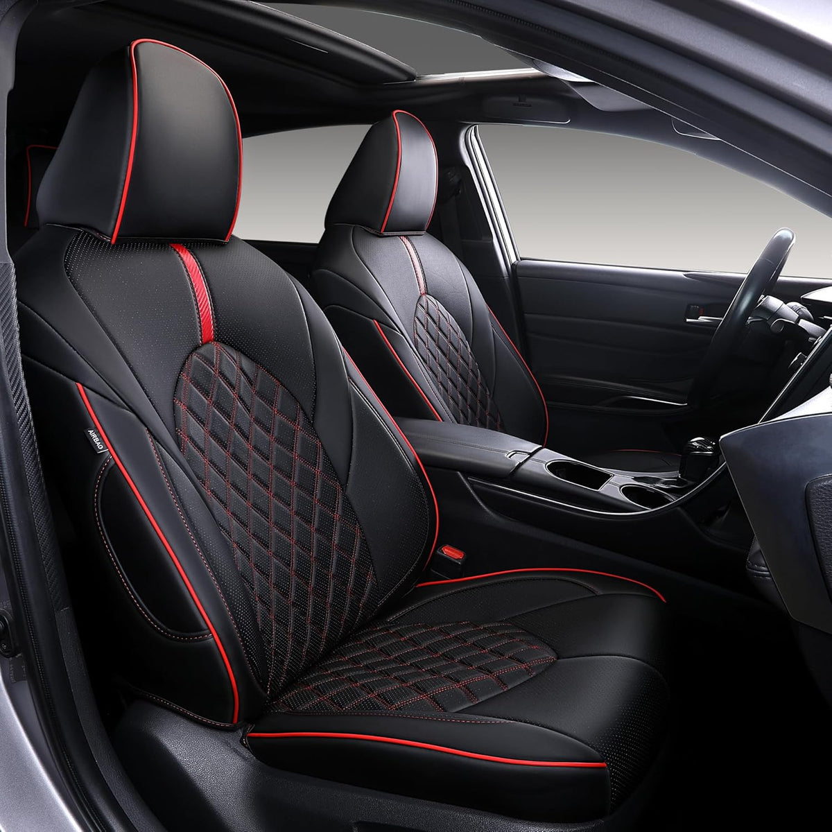 Custom Fit Camry Seat Covers for Toyota Camry Hybrid LE, Hybrid SE 2018-2024 Full Coverage Waterproof Breathable Leather Car Seat Covers Full Set (Black with Red Trim)