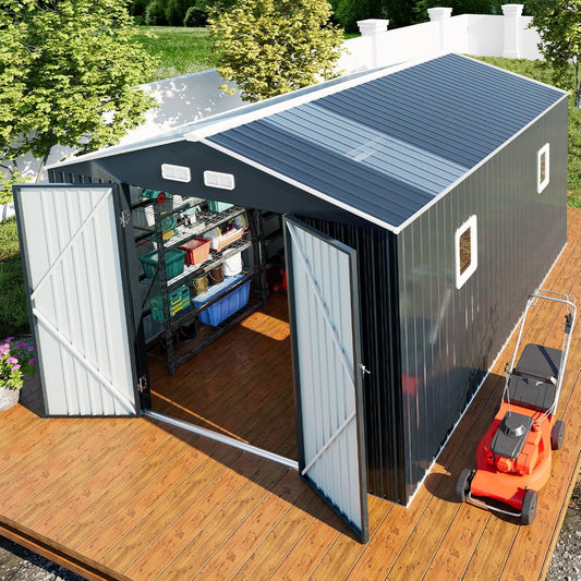 Metal Shed 10x12x7 FT, Sheds Outdoor Storage with Reinforcement, Natural Lighting Tool Sheds with Translucent Roof Panels, Windows, and Lockable Doors, Ideal for Garden, Backyard, and Patio