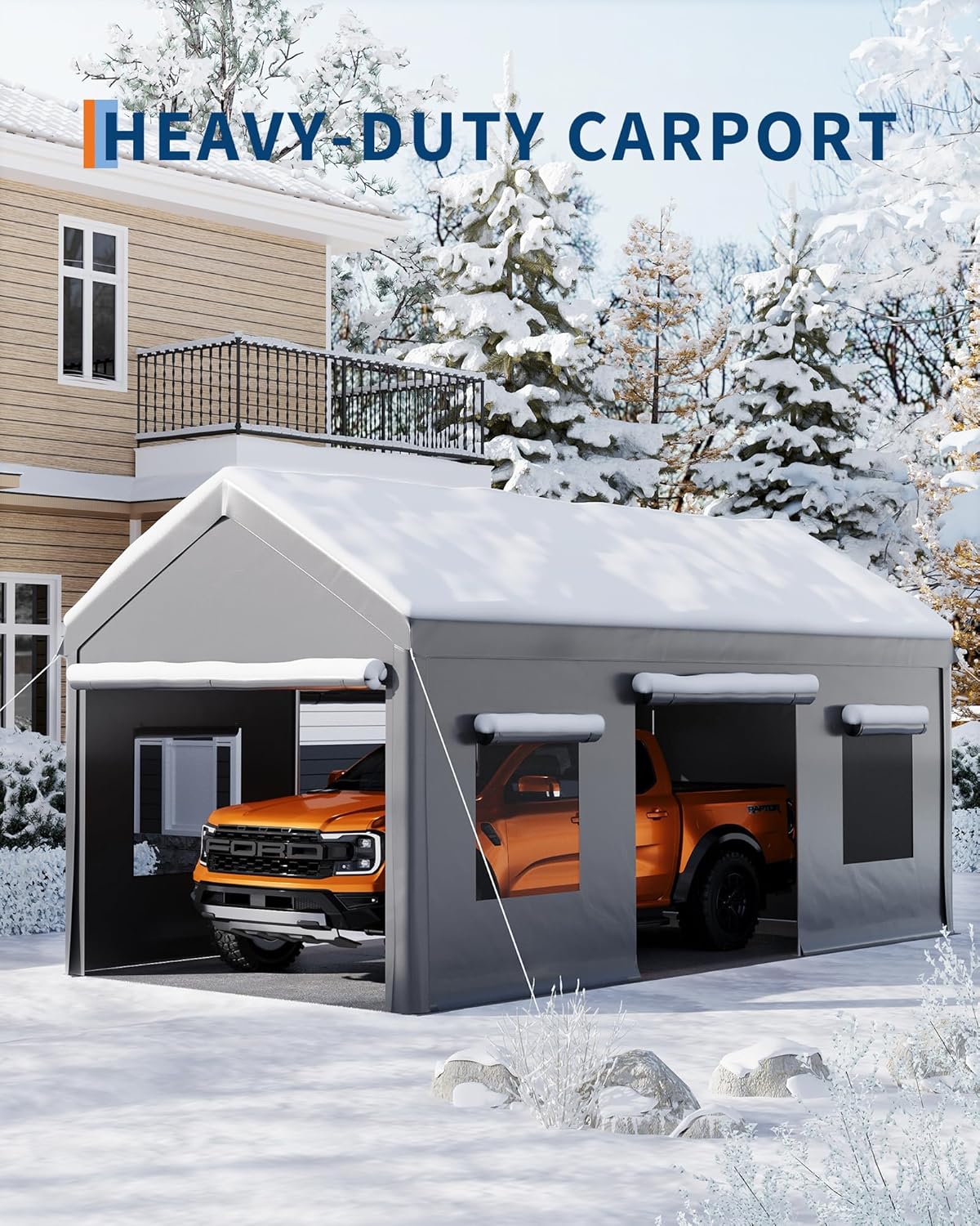 10 x 20FT Heavy Duty Carport with Roll-Up Windows, Portable Garage with Removable Sidewalls & Doors, Portable Car Tent Garage with Roll-Up Windows and All-Season Tarp, for Car, Truck,