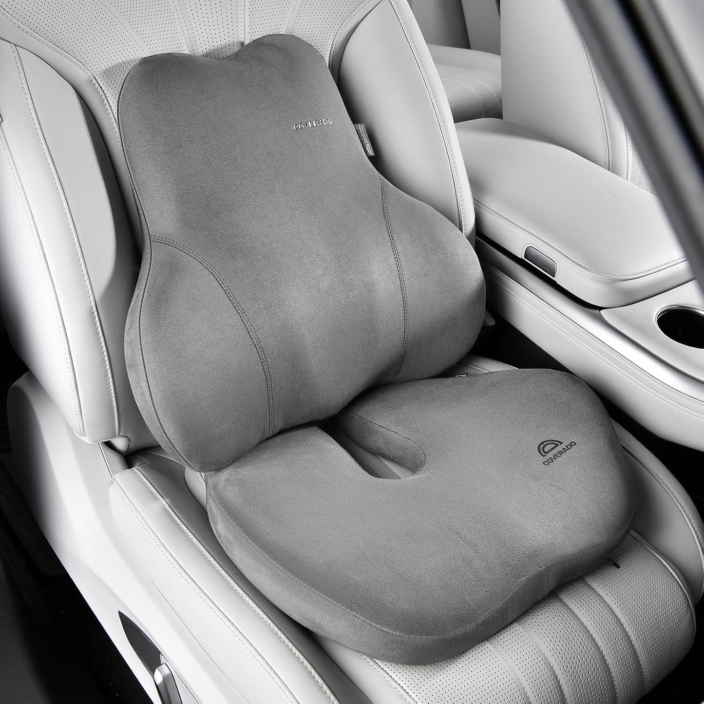 Coverado Memory Foam Car Seat Cushion and Lumbar Support Pillow for Car, Ergonomic Office Chair Cushion for Lower Back Pain Relief, Breathable & Non-Slip for Car, Home, and Office Use, Gray