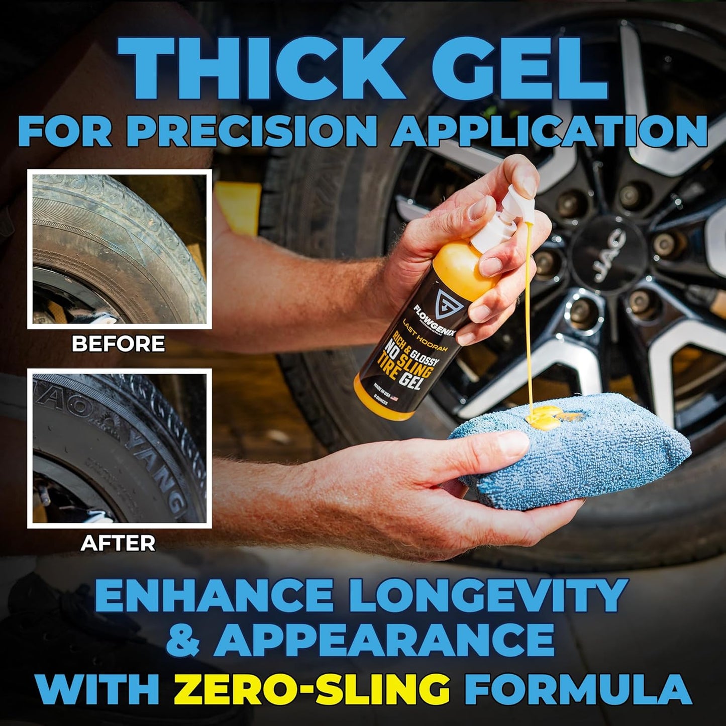 Tire Shine Gel Coating and Dressing (8oz) - High Gloss Wheel Tire Shine for Cars - No-Sling Anti-Stick Protection, Works on Rubber, Plastic, Vinyl - Incl 2 Microfiber Towels