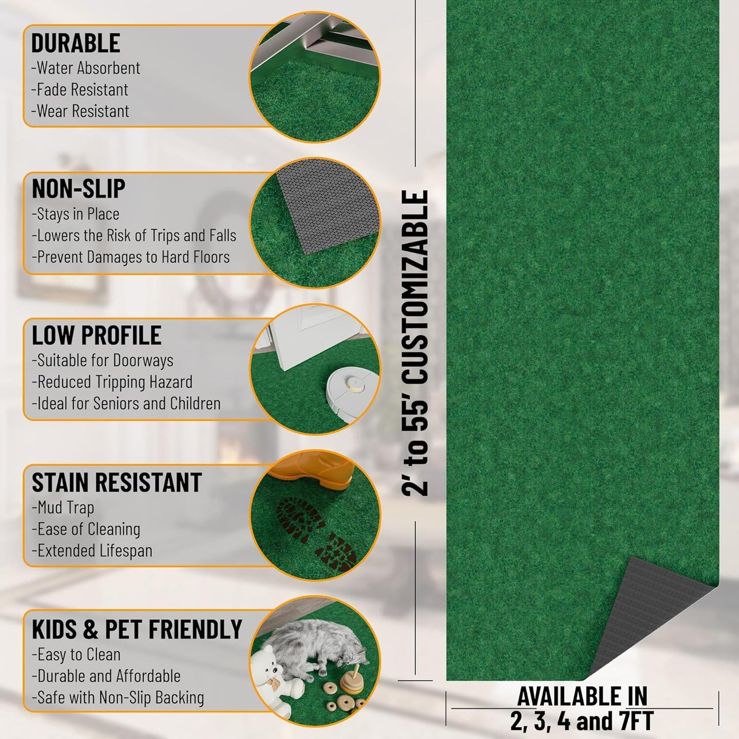 Ottomanson 2'7" x 20' Hallway Runner with Scraper Pile - Extra Durable Non-Slip Rug Mat for Indoor & Outdoor Use - Ideal for Kitchen, Entryway & Garage - High-Traffic Carpet, Green