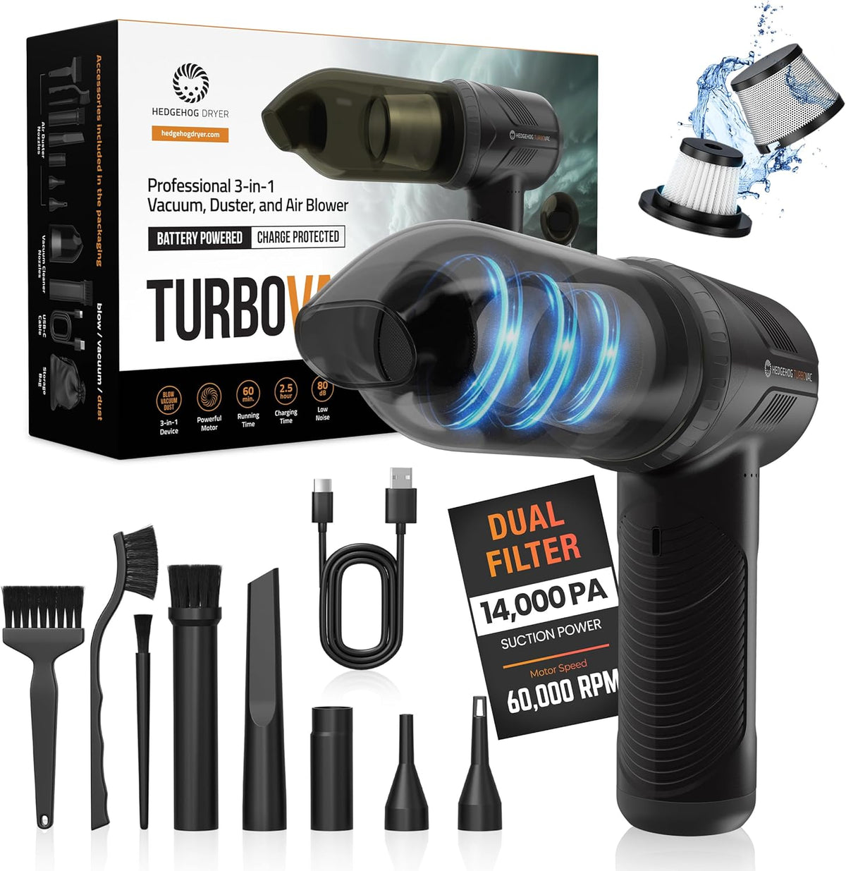 Hedgehog TurboVAC 3 in 1 Portable Car Vacuum Cleaner, Blower & Air Pump - Hand Held Vacuum Cleaner for Car with USB C Rechargeable, 14000PA Powerful Suction, Lightweight Dust Buster for Home & Outdoor