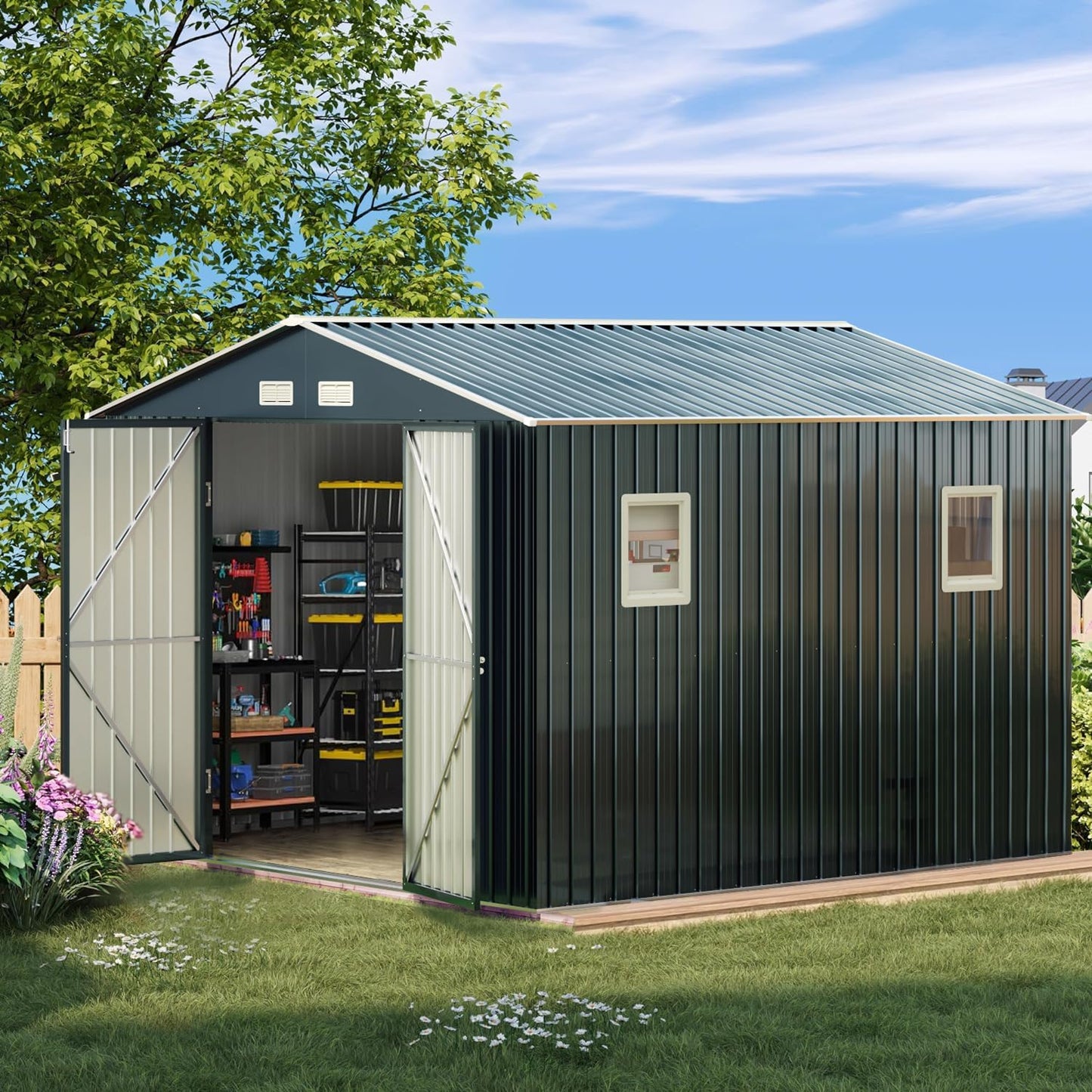 Breezz Outdoor Storage Shed 10 x 10 ft. Utility Tool Shed Metal Storage Garden Shed with Lockable Doors, Windows & Metal Frame Floor for Patio Storage,Nightblue