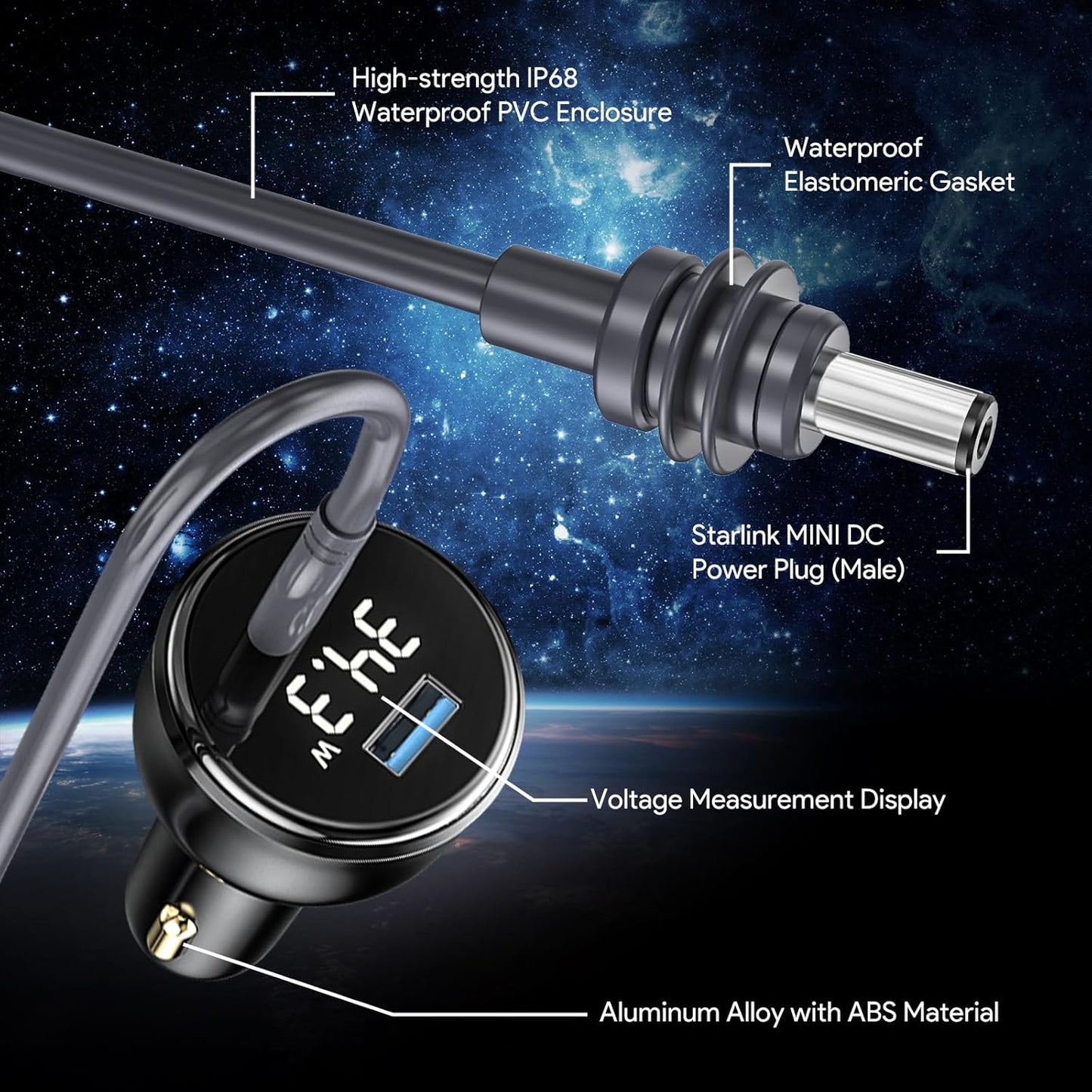 QUIDDITY Starlink Mini Car Adapter DC Power Cable + Cigarette Lighter Adapter 12V-24V with Digital Display, Water-Resistent Car Charging Cord with USB Type-C Port Starlink Mini Accessories(2M/6.5FT)