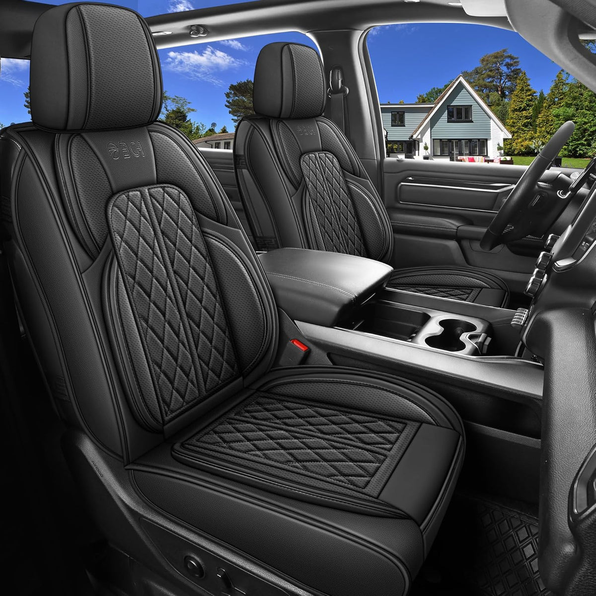 Car Seat Cover Custom Fit for Dodge Ram 1500 2500 3500 2002-2024 Faux Leather Seat Cover Set Compatible with Crew Quad Regular Cab Pickup Truck Cushions (Black, Front Seat)