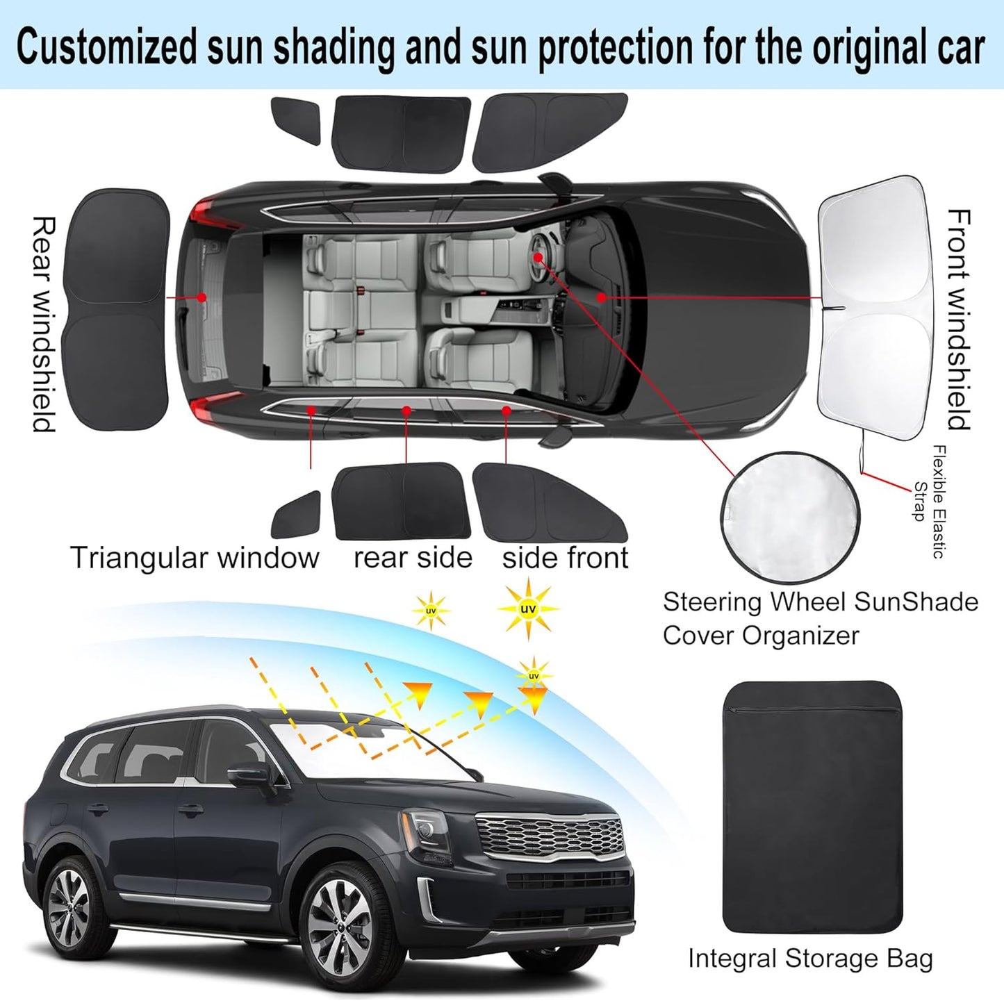 TINGLU Window Shades for Kia Telluride 2020 2021 2022 2023 2024 2025 Accessories Car Side Full Windows Rear Triangular Windshield Sun Shade Sun UV Rays & Privacy Protection for Camping 8PCS