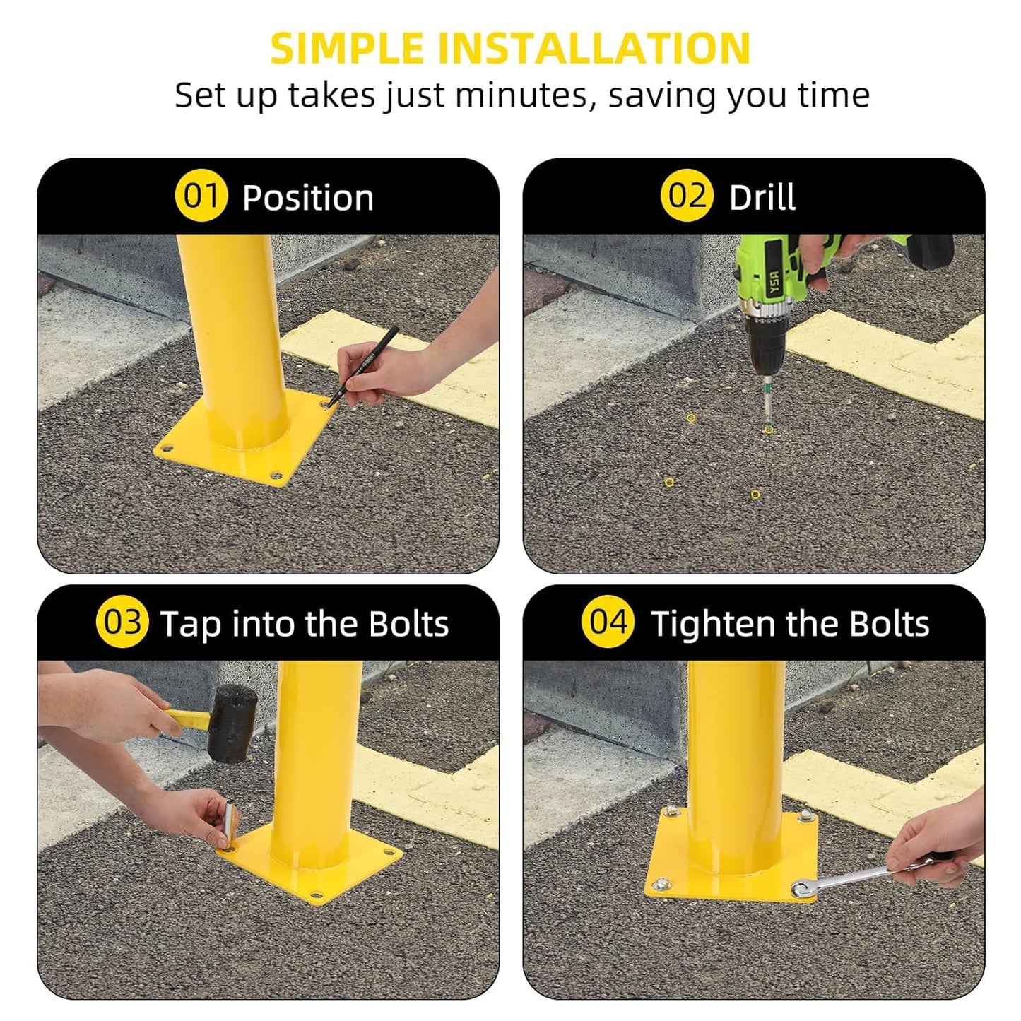 6Pcs Heavy Duty Safety Bollards, 42" Height, 4.5" Diameter Steel Pipe Bollard Post with 24 Anchor Bolts, High-Visibility Yellow Parking Bollard for Traffic Control, Warehouses, & Pedestrian Safety