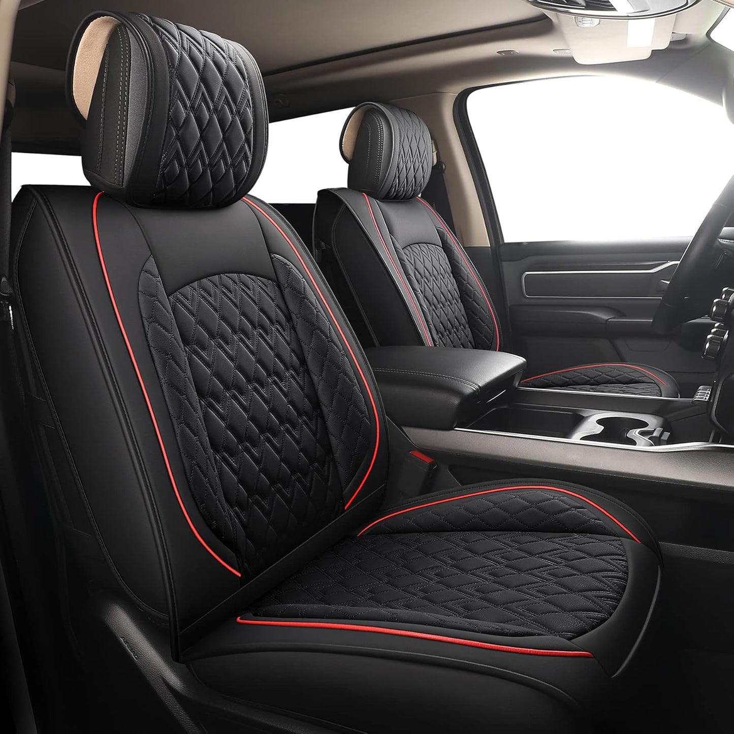 JOJOBAY Car Seat Covers for Dodge Ram 2 Pcs Front,Fit Ram 2009-2025 1500/2500/3500 Pick-up Truck,Crew,Regular,Quad,Mega Cab,Waterproof Leather Seat Covers Protectors（2 PCS Front,Black/Red）