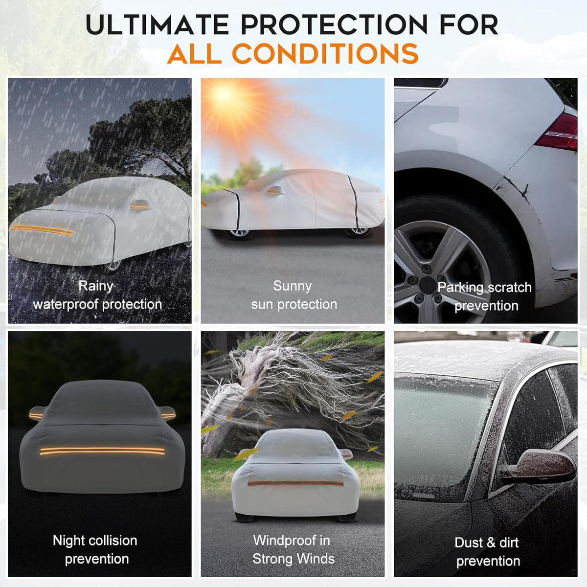 Waterproof Hatchback Car Cover: 6-Layer Protection from Rain, Snow, UV & Dust - Universal Fit up to 189 inches with Zipper Door & Windproof Straps for Outdoor, Garage, Travel Use,Silver