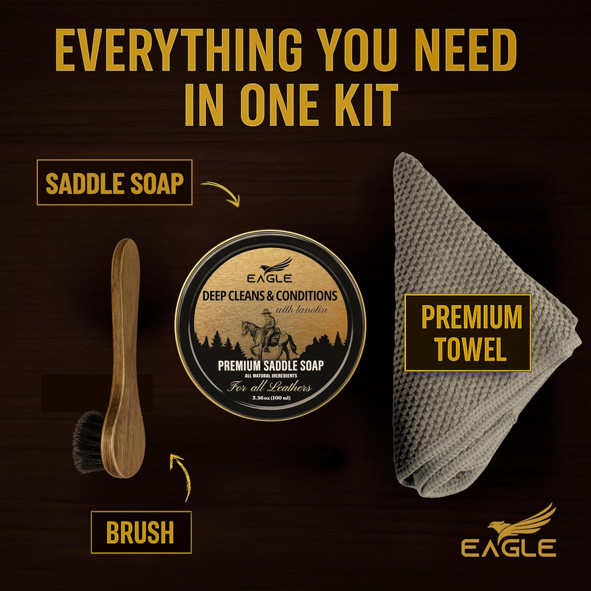 Saddle Soap for Leather – 3-Piece Saddle Soap Kit for Leather Cleaning, Boots, Tack, and Saddles – Includes Applicator and Cloth – Leather Soap and Conditioner for Leather Boots and Tack Care