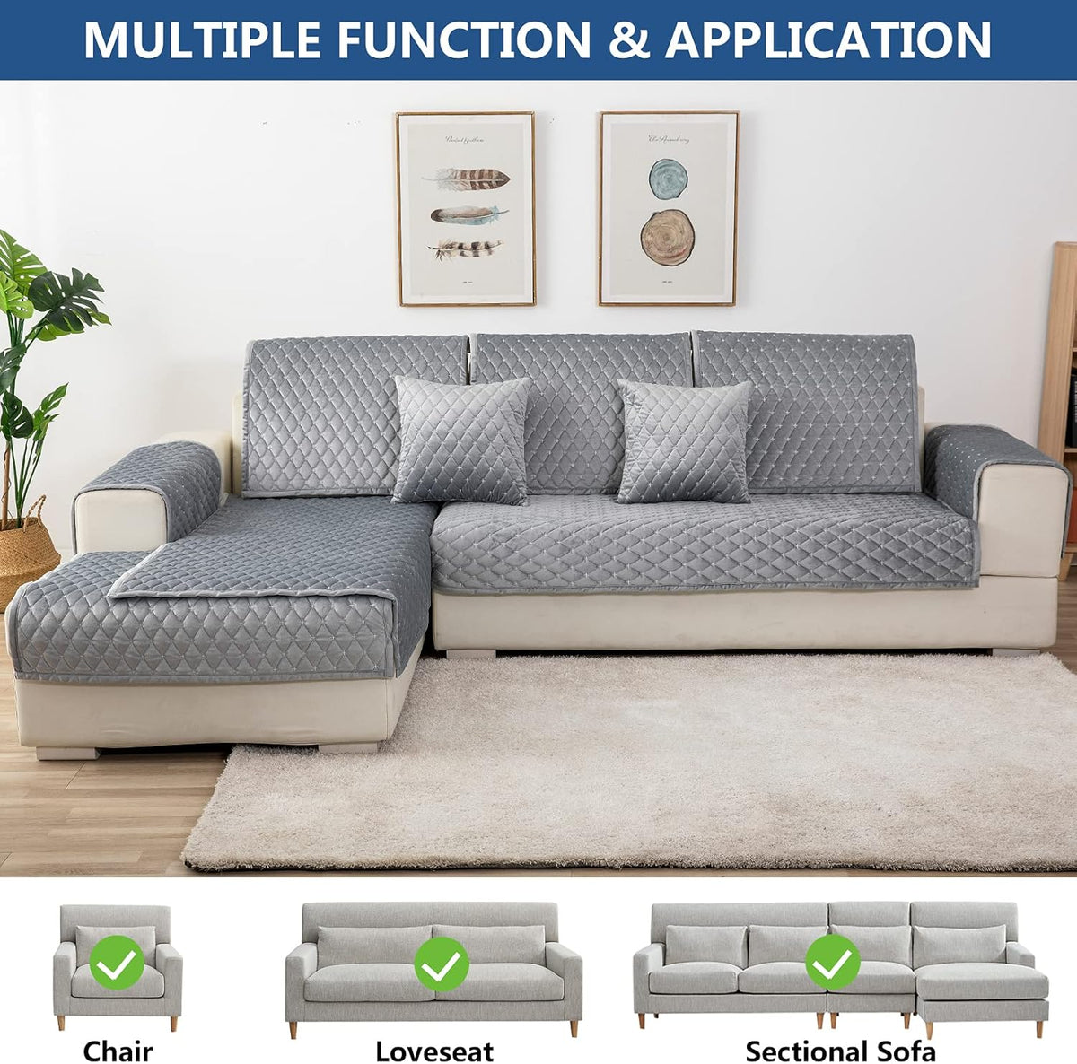 Eismodra Couch Cover,Sectional Couch Covers,Sofa Covers for 3 Cushion Couch,Anti-Slip Sofa Slipcovers for Dogs Cats Kids Loveseat Recliner L Shaped Armrest Backrest,Light Gray 43''x70''(Only 1 Piece)