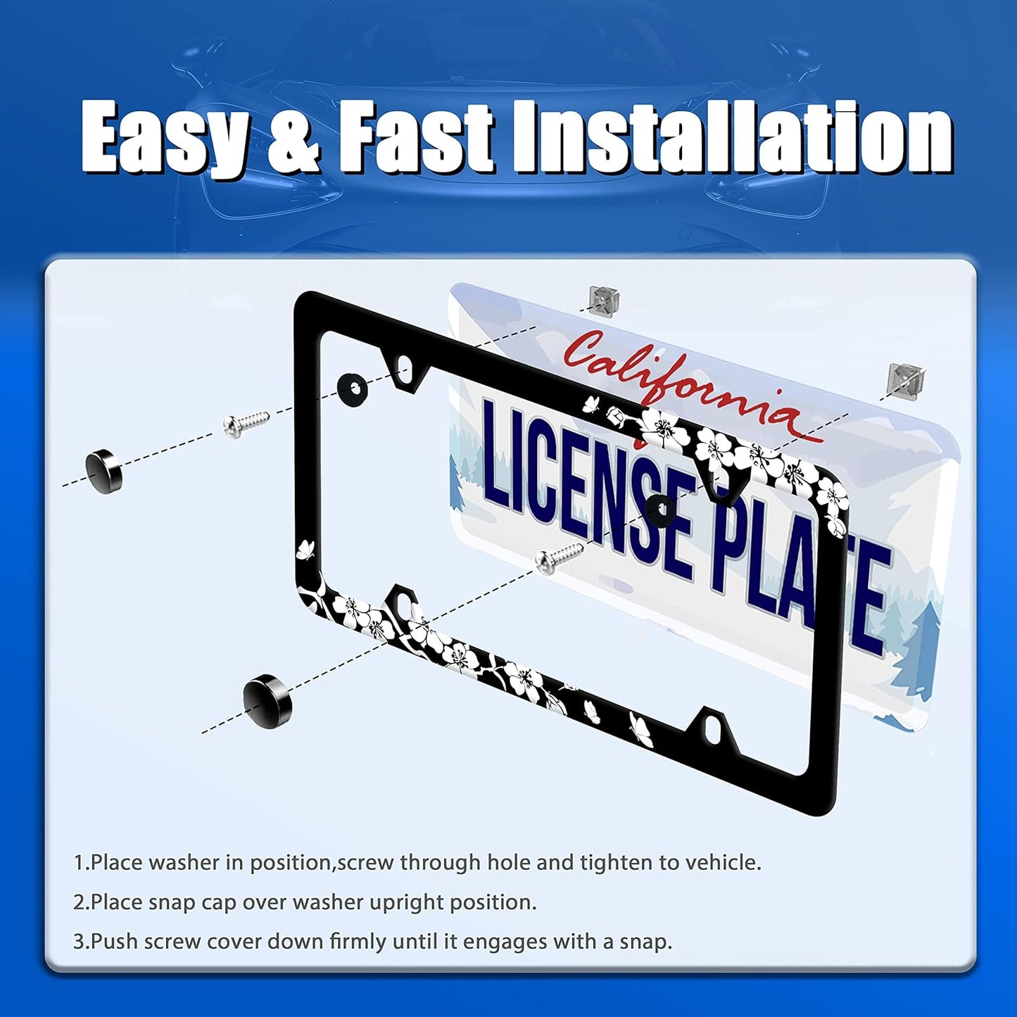 Black White Cherry Blossoms License Plate Frame Floral Flowers License Plate Stainless Steel Parts Colorful License Plate Decorative with Screws Size 12.3" x 6.3" Men Women