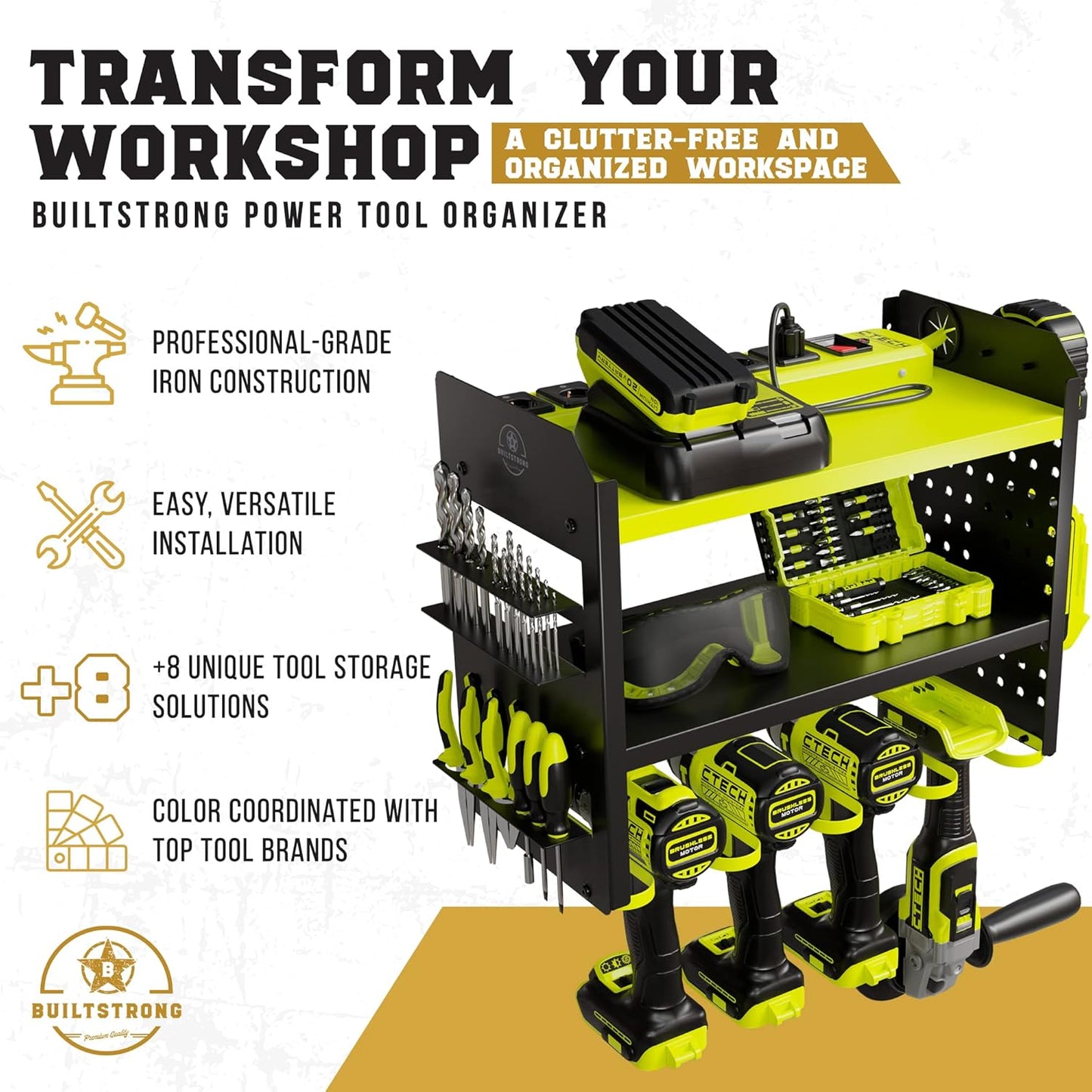 Heavy-Duty Metal Tool Storage Rack - 3-Tier Wall Mount Organizer, Drill Holder, Utility Racks, PegBoard Side, Garage Storage (Green)