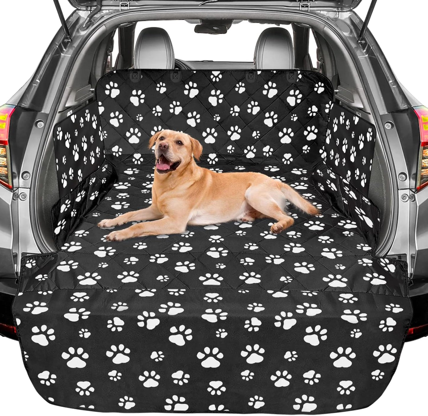 F-color SUV Cargo Liner for Dogs - Waterproof Pet Cargo Liner with Side Flaps, Comfort Dog Cargo Cover with Bumper Flap, Scrachproof, Non-Slip, Large Size Universal Fit SUVs Sedans Trunks Vans, Paw