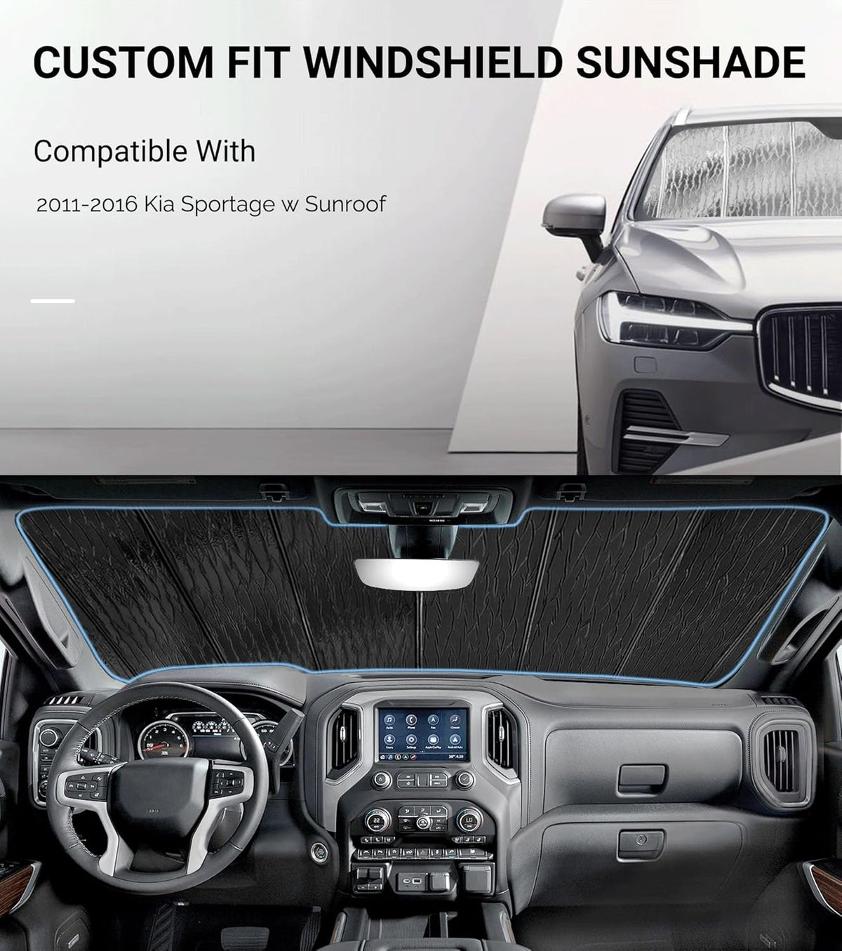 Windshield Sun Shade for Kia Sportage 2011-2016,Front Window Sunshade Shield, 2-in-1 Reflective Sun Shade,Silver for Summer, Black for Winter