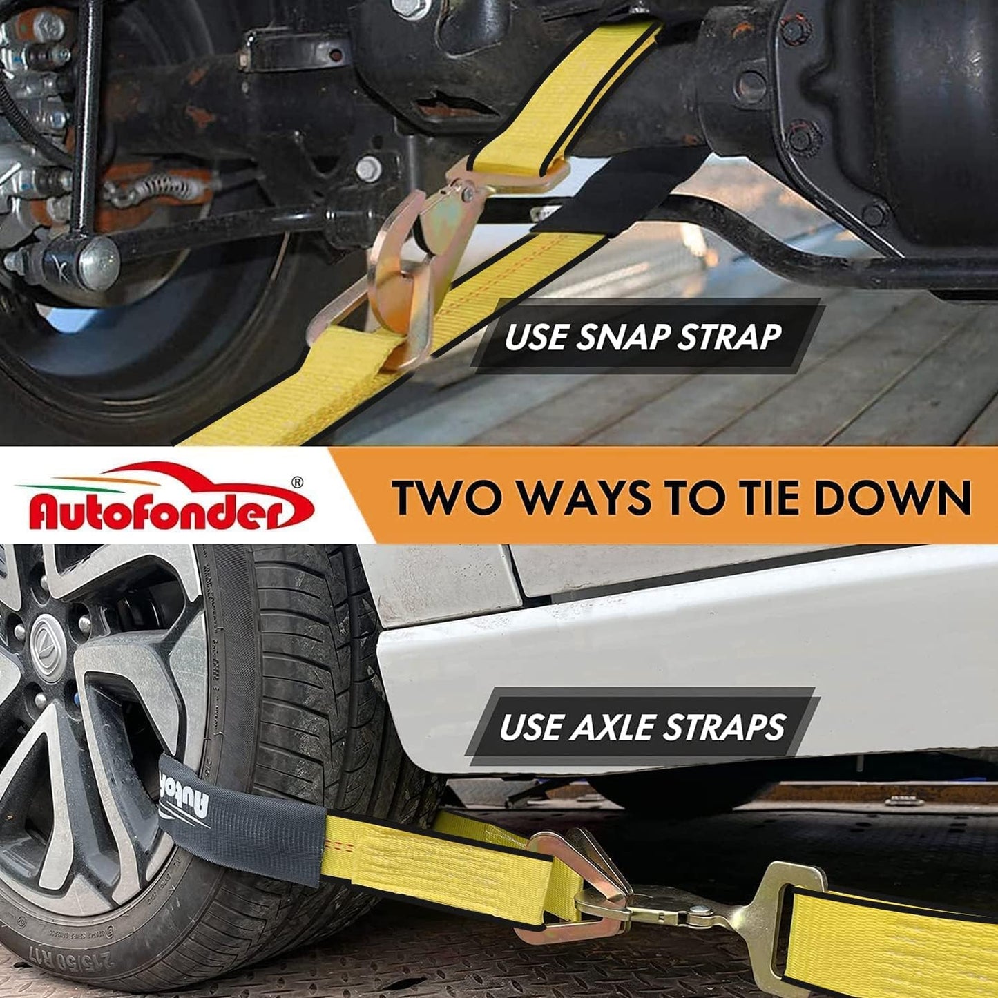 Heavy Duty Adjustable Car Tie Down Kit with Snap Hooks -Break Strength 10,000 lbs-Working Load 3333 lbs-2 Inch x 114 Inch - 4 Pack Axle Tie Down Straps (Yellow)