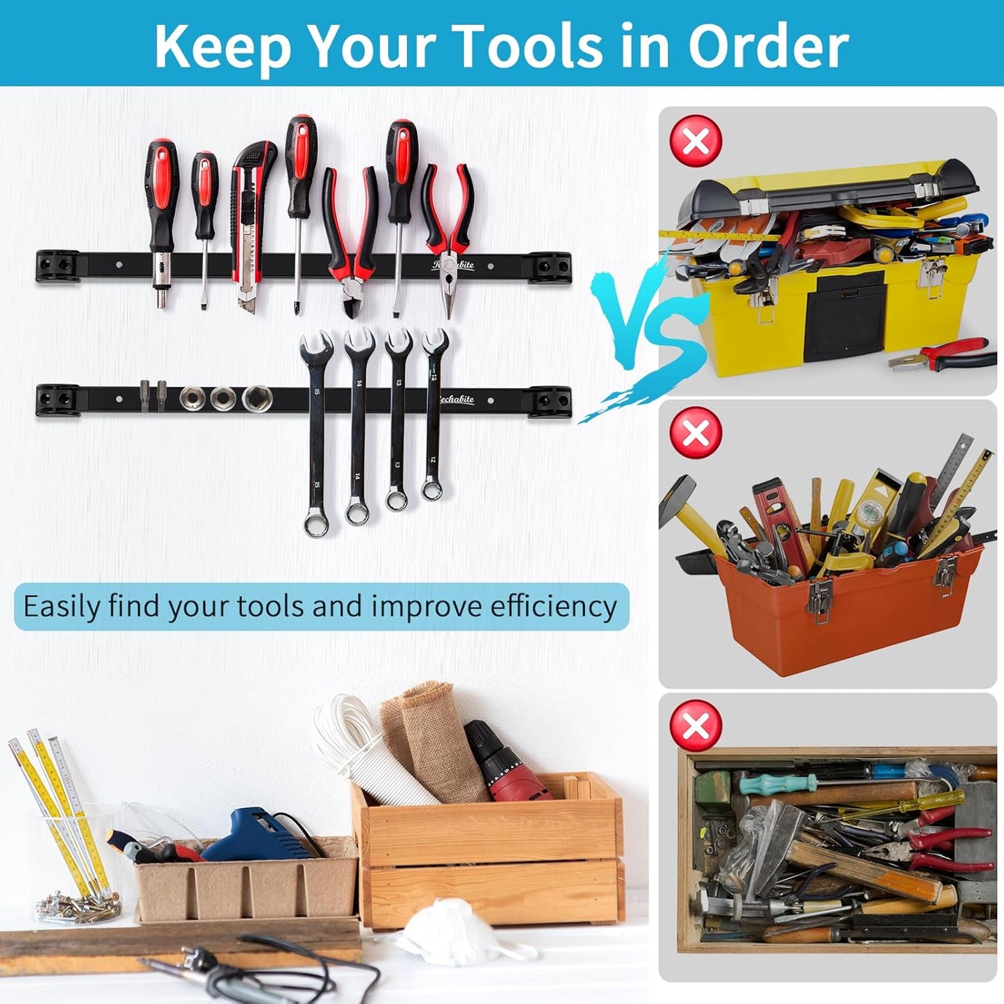 6 Pieces 12" Magnetic Tool Holder Strip, Black Magnet Bar, Metal Tool Organizer Rack for Garage Organization, Easy To Install in Workshop, Mounting Screws Included
