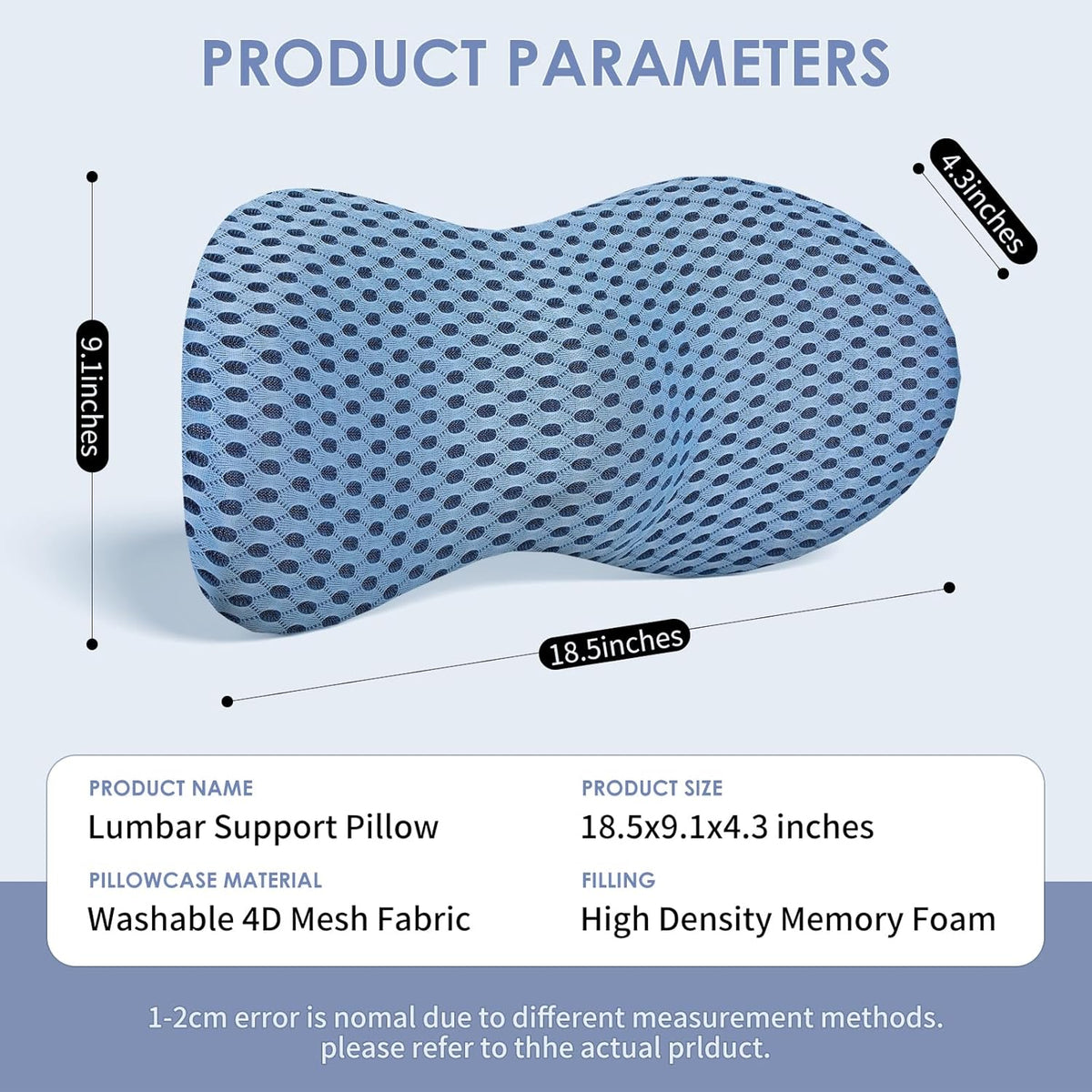 Lumbar Support Pillow Ergonomic Memory Foam, Relieve Back Pain, CMFY Breathable & Detachable & Washable, Perfect for Office Chairs, Car Seats, Beds (Blue)