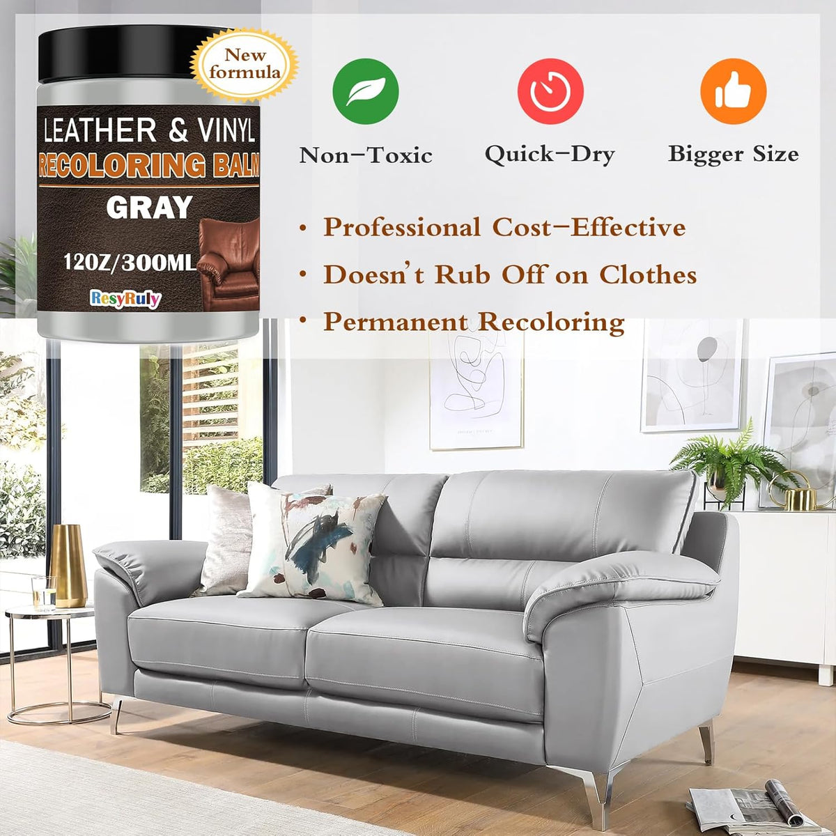 Gray Leather Recoloring Balm Vinyl Auto Dash Board Car Seats Interior Paint Furniture Dye Color Restorer Shoes Sofa Gloves Jacket Purse Bag Couch Stain Remover Fade Scratches Wear Out Repair